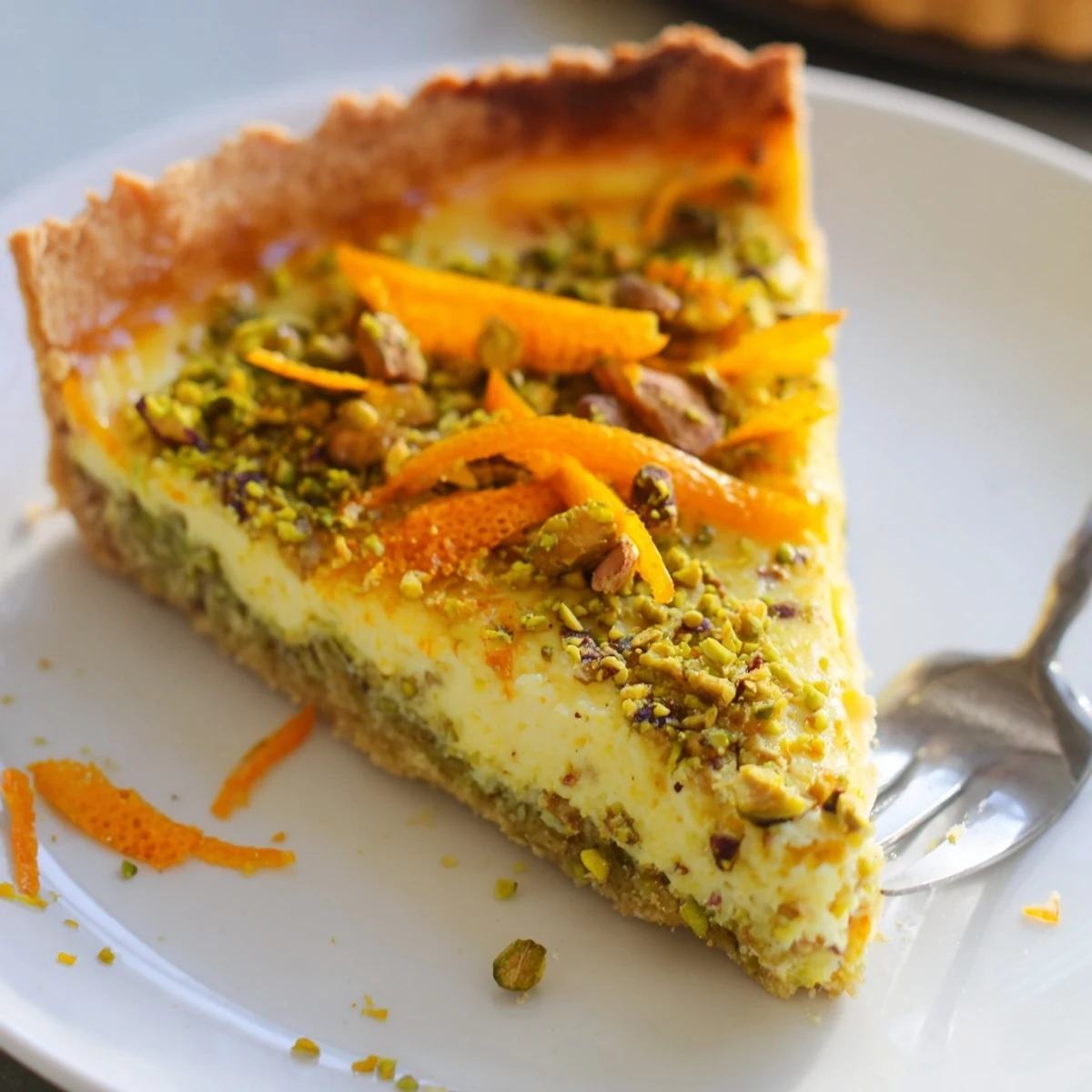 Elegant dessert slice showcasing smooth orange-infused cardamom curd on a buttery nutty pistachio base, topped with vibrant citrus accents and crushed nuts