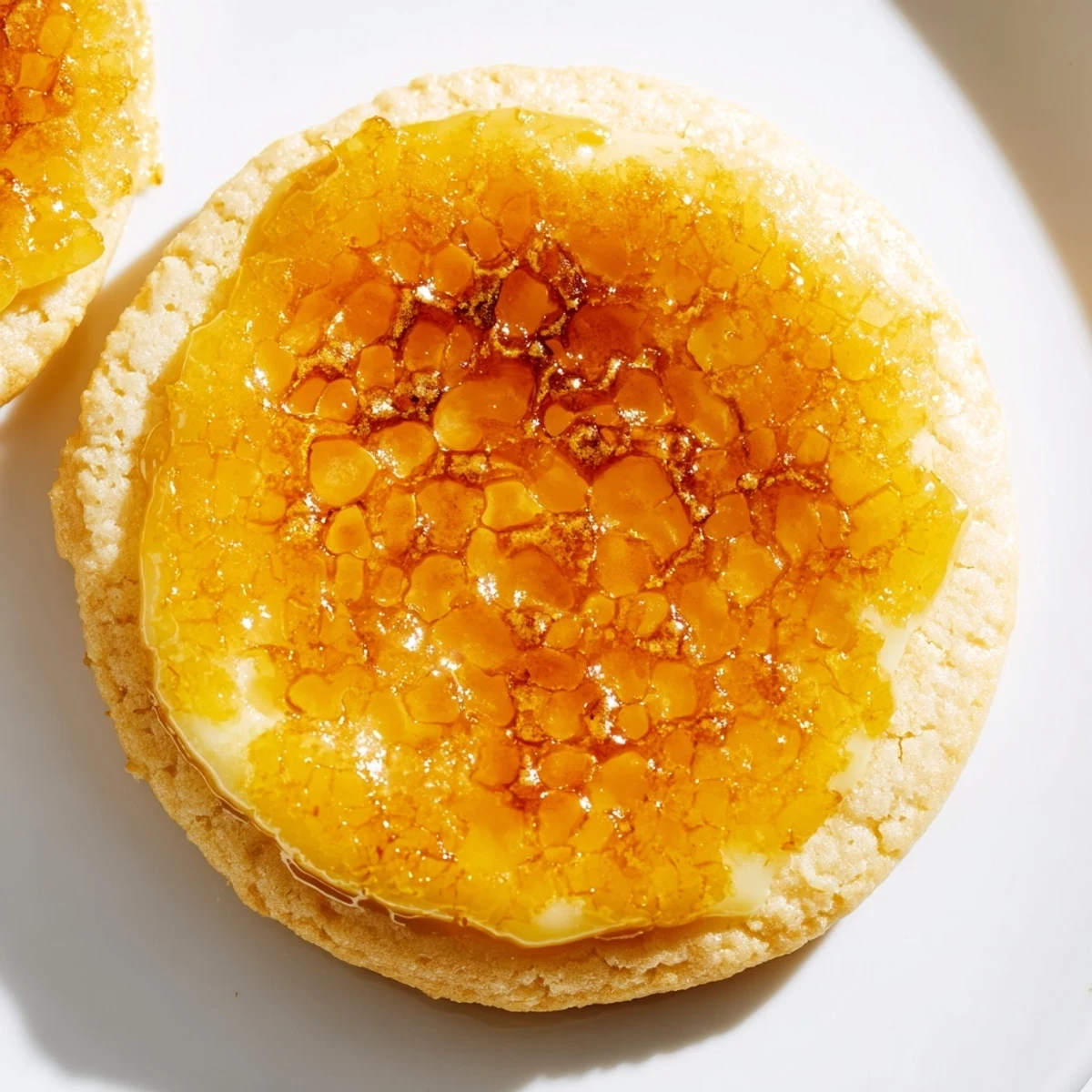 Golden crème brûlée shortbread cookies with caramelized sugar tops on a white plate