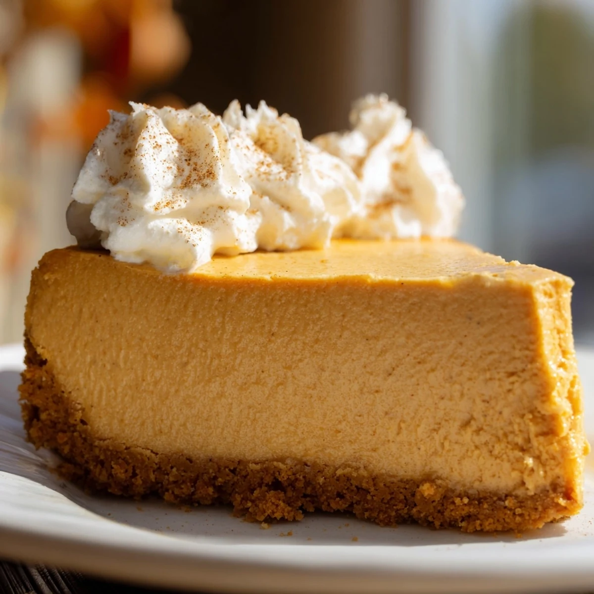 Golden slice of pumpkin spice Christmas cheesecake with whipped cream topping on a festive holiday plate