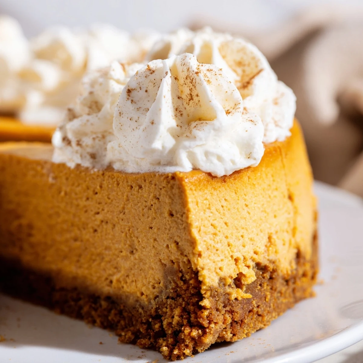 Creamy pumpkin spice Christmas cheesecake topped with vanilla whipped cream and dusted with cinnamon