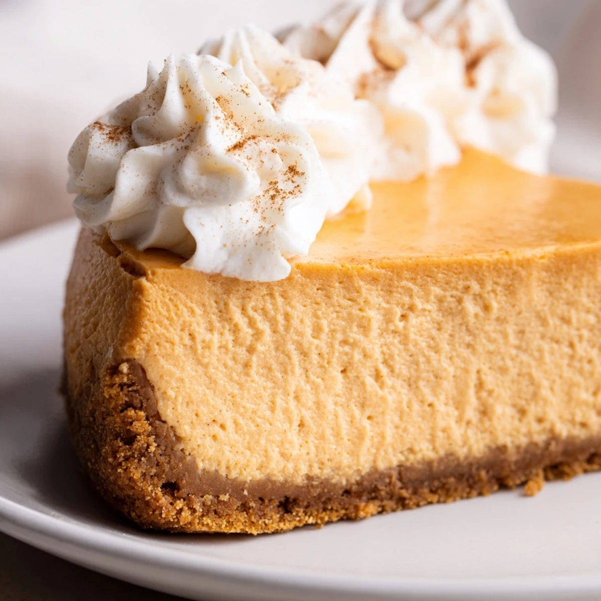 Rich and festive pumpkin spice Christmas cheesecake served on white plate with swirls of whipped topping