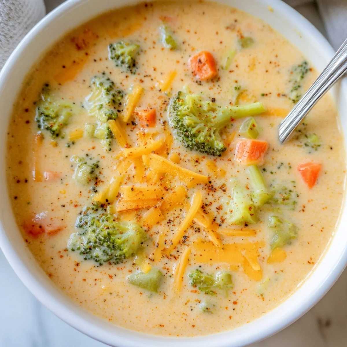Golden bowl of creamy slow cooker broccoli cheddar soup topped with melted cheese and fresh chives