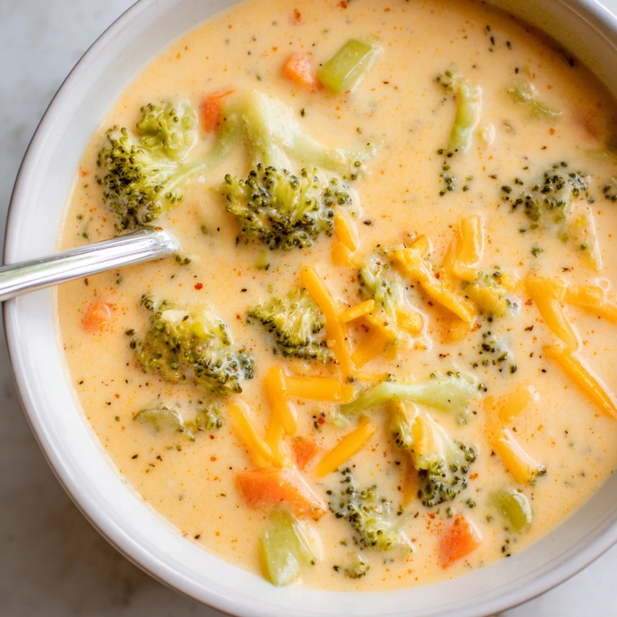 Rich velvety broccoli cheddar soup swimming with tender broccoli florets and sharp cheddar cheese shreds