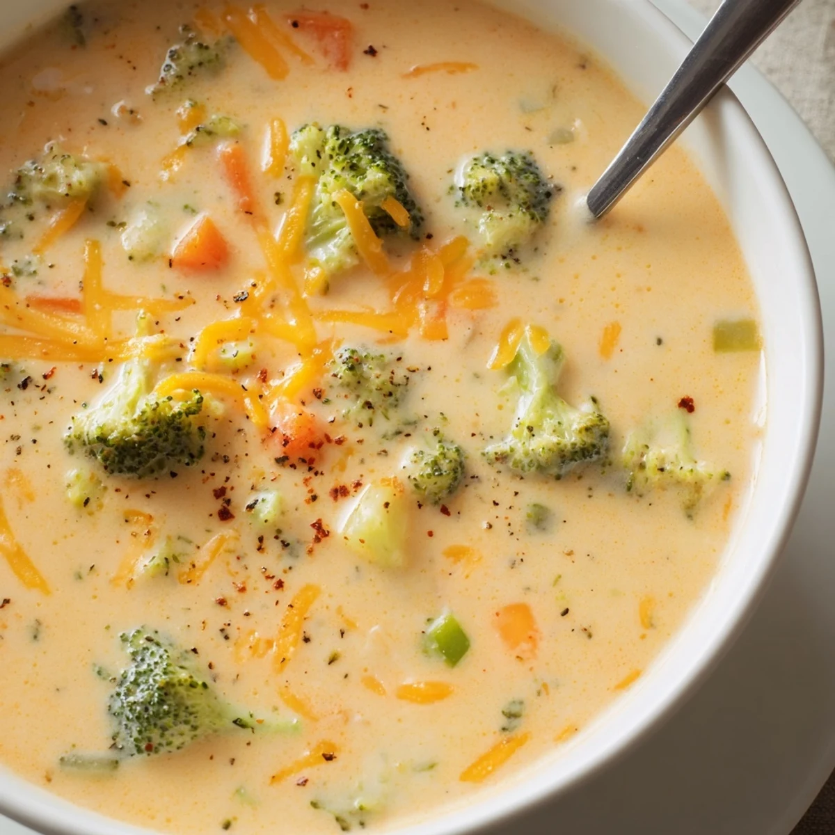 Steaming homemade broccoli cheddar soup ladled into white crock bowl with crusty bread on wooden table