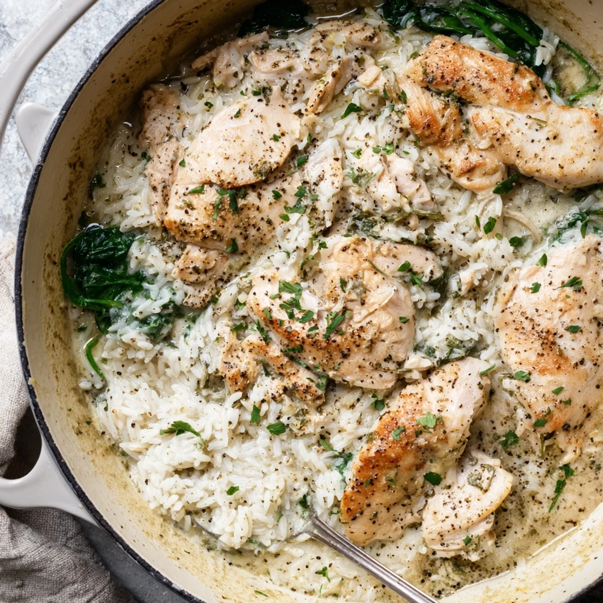 Golden cheesy one pot angel chicken rice bake topped with juicy seasoned chicken breasts