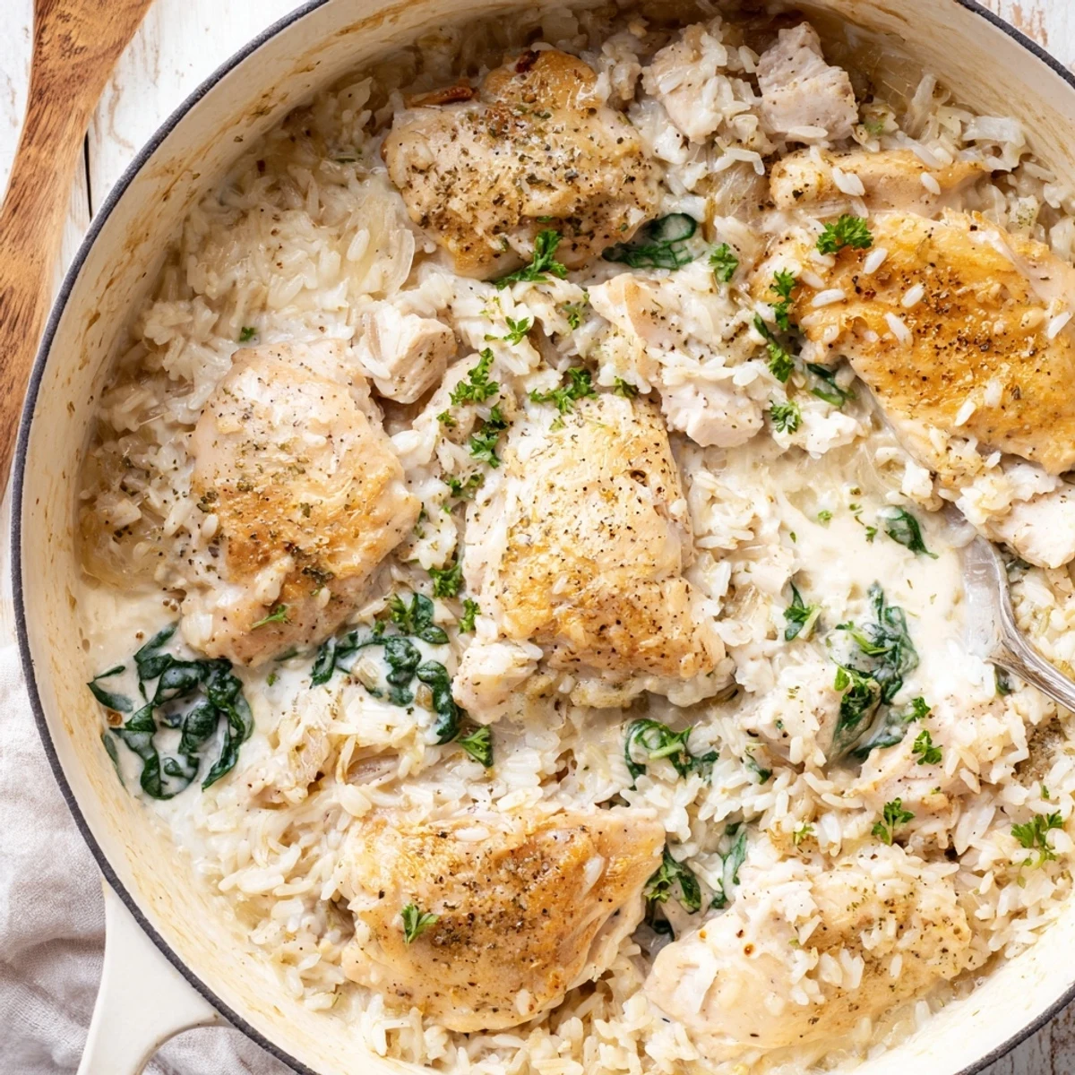 Creamy chicken and rice casserole bubbling in a Dutch oven with fresh parsley garnish