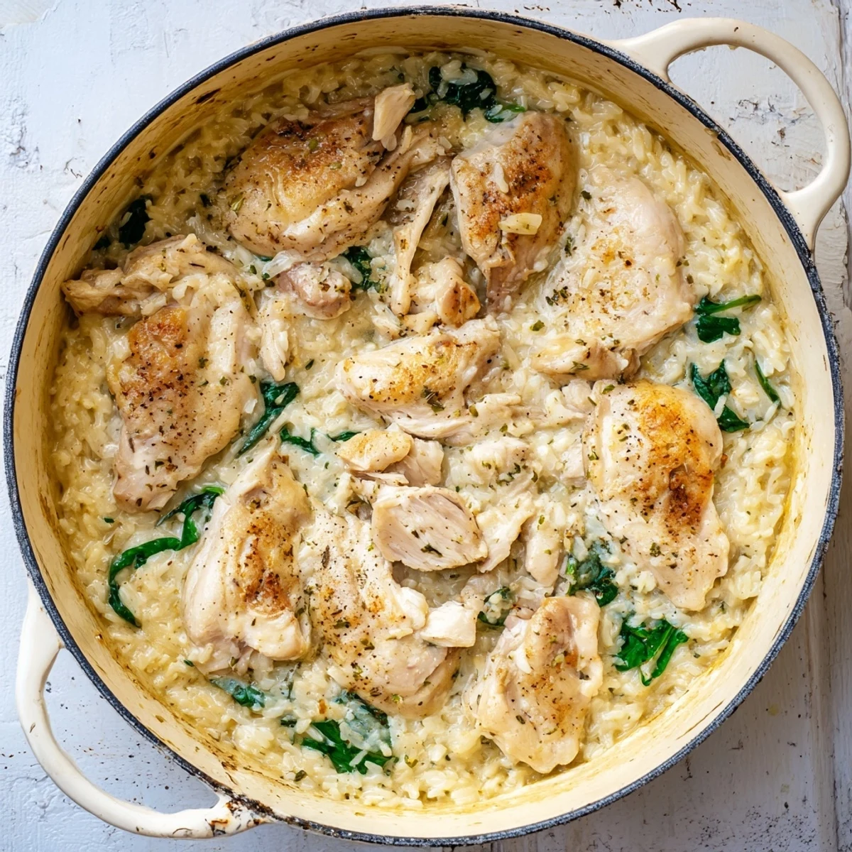 Tender baked chicken resting over rich parmesan rice in this comforting one pot dinner