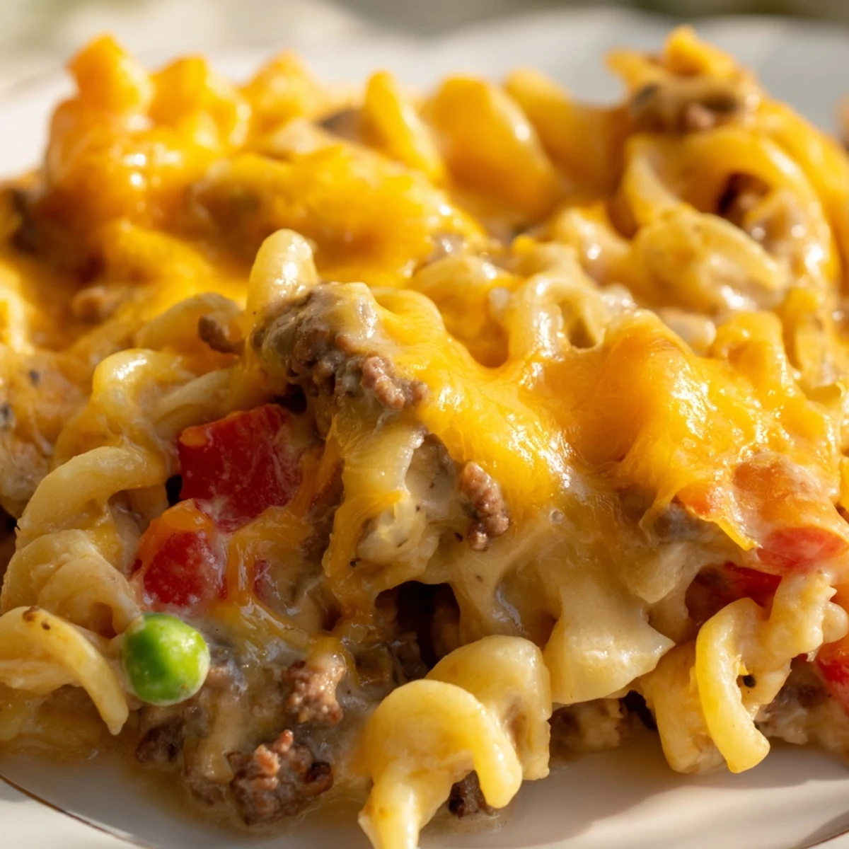 Golden bubbly Cheesy Beef and Noodle Casserole fresh from the oven with melted cheddar topping