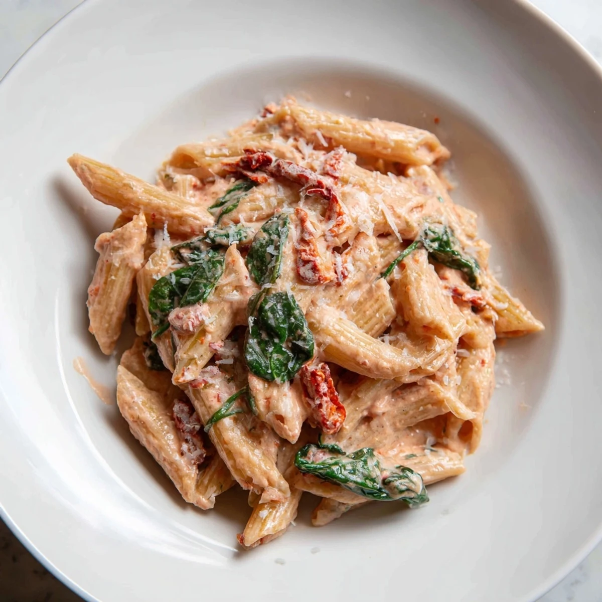 Creamy sun dried tomato spinach pasta in a rustic skillet with vibrant green leaves and rich sauce