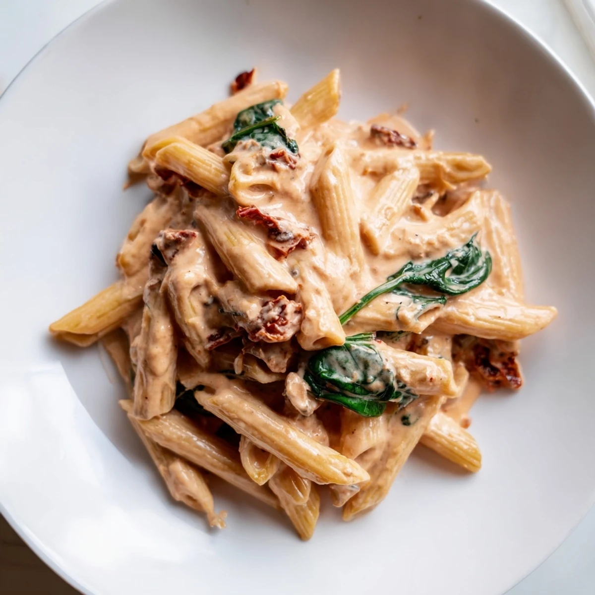 One pan creamy sun dried tomato spinach pasta topped with grated Parmesan in a white bowl