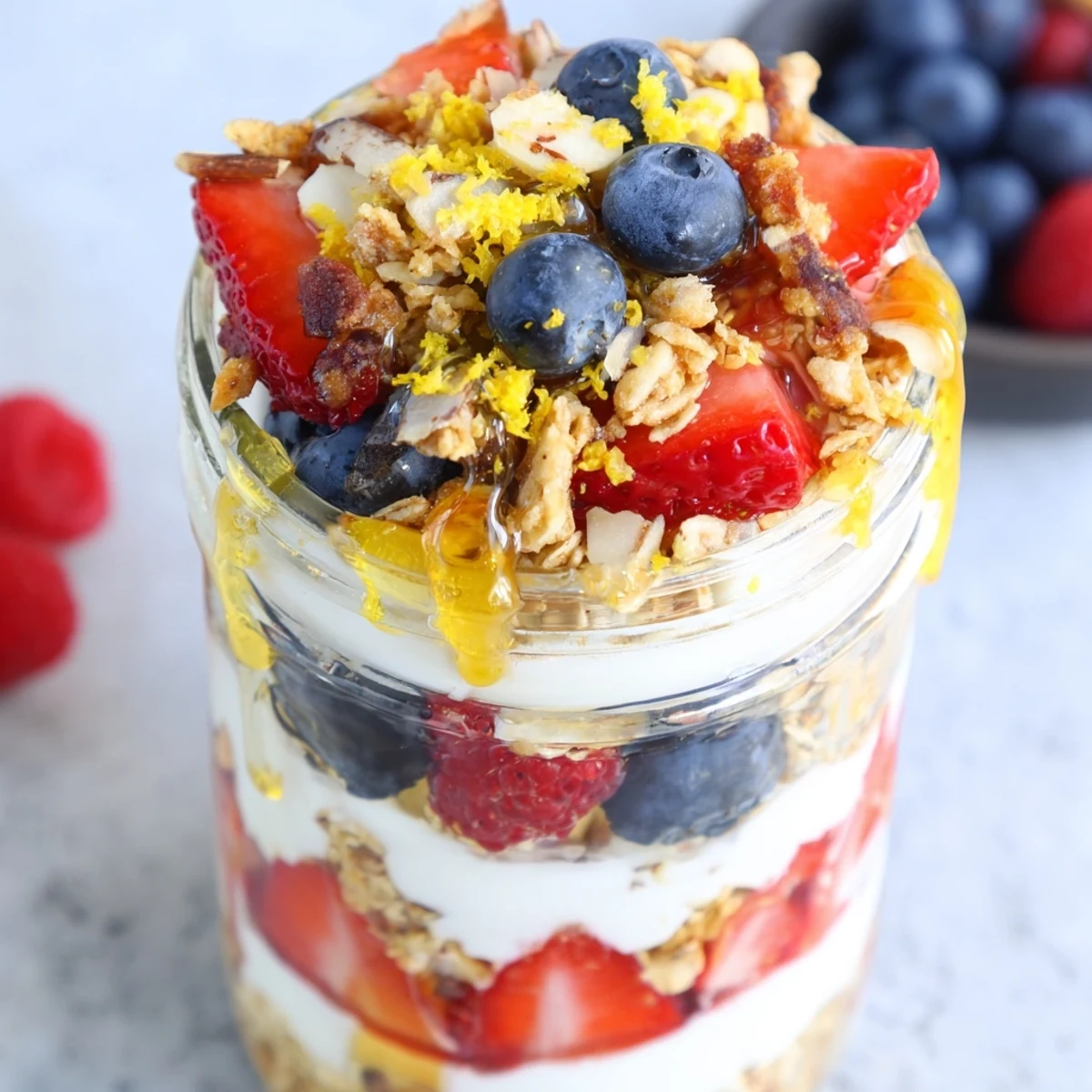 Creamy Greek Yogurt Parfait layered with fresh berries and crunchy granola in a clear glass
