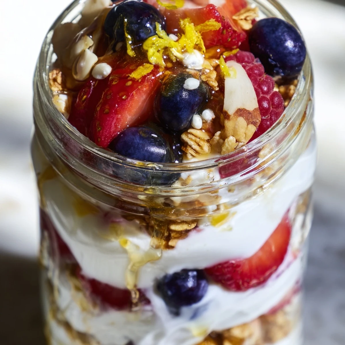 Greek Yogurt Parfait topped with vibrant mixed berries and golden honey drizzle