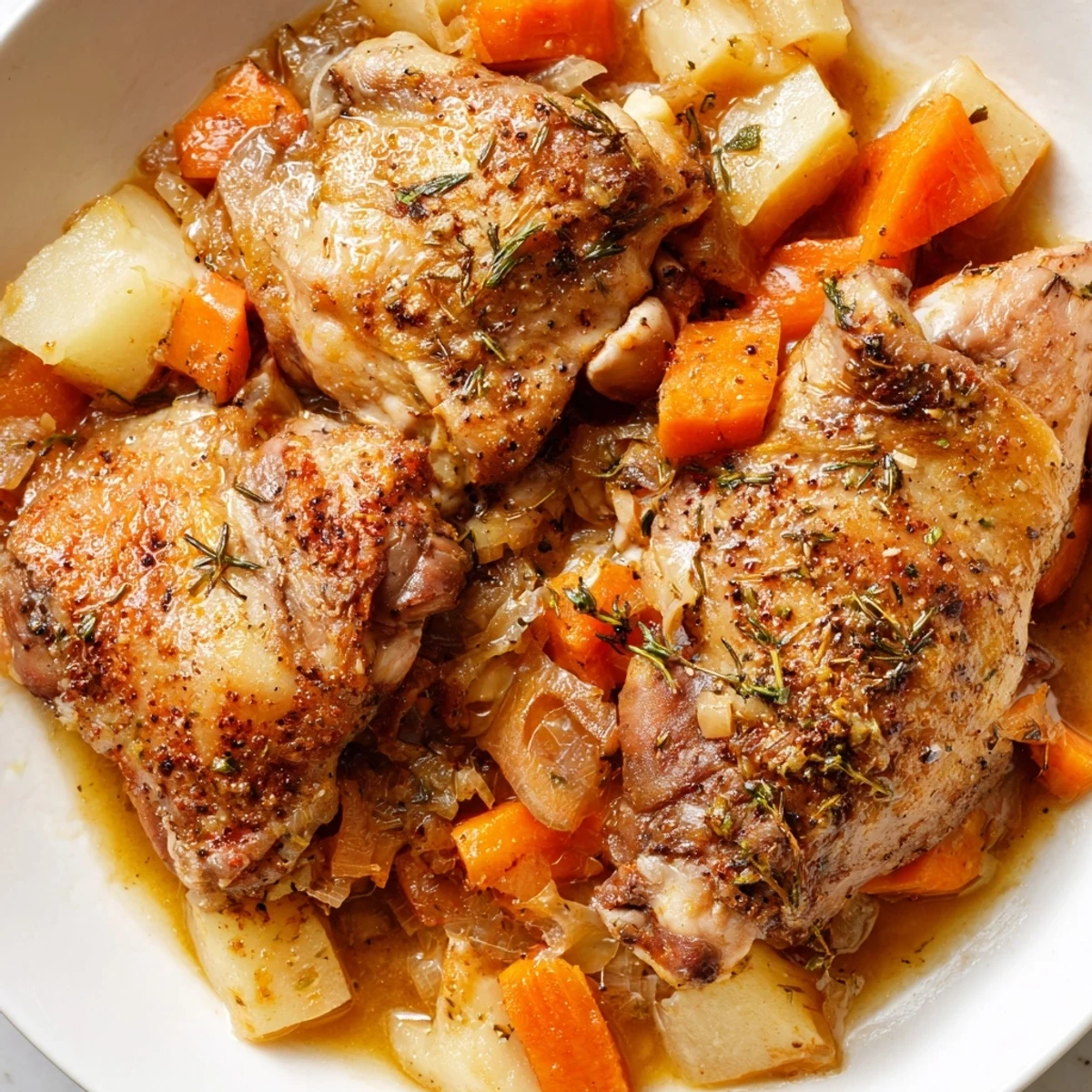 Slow cooker chicken dinner with tender vegetables in savory herb sauce