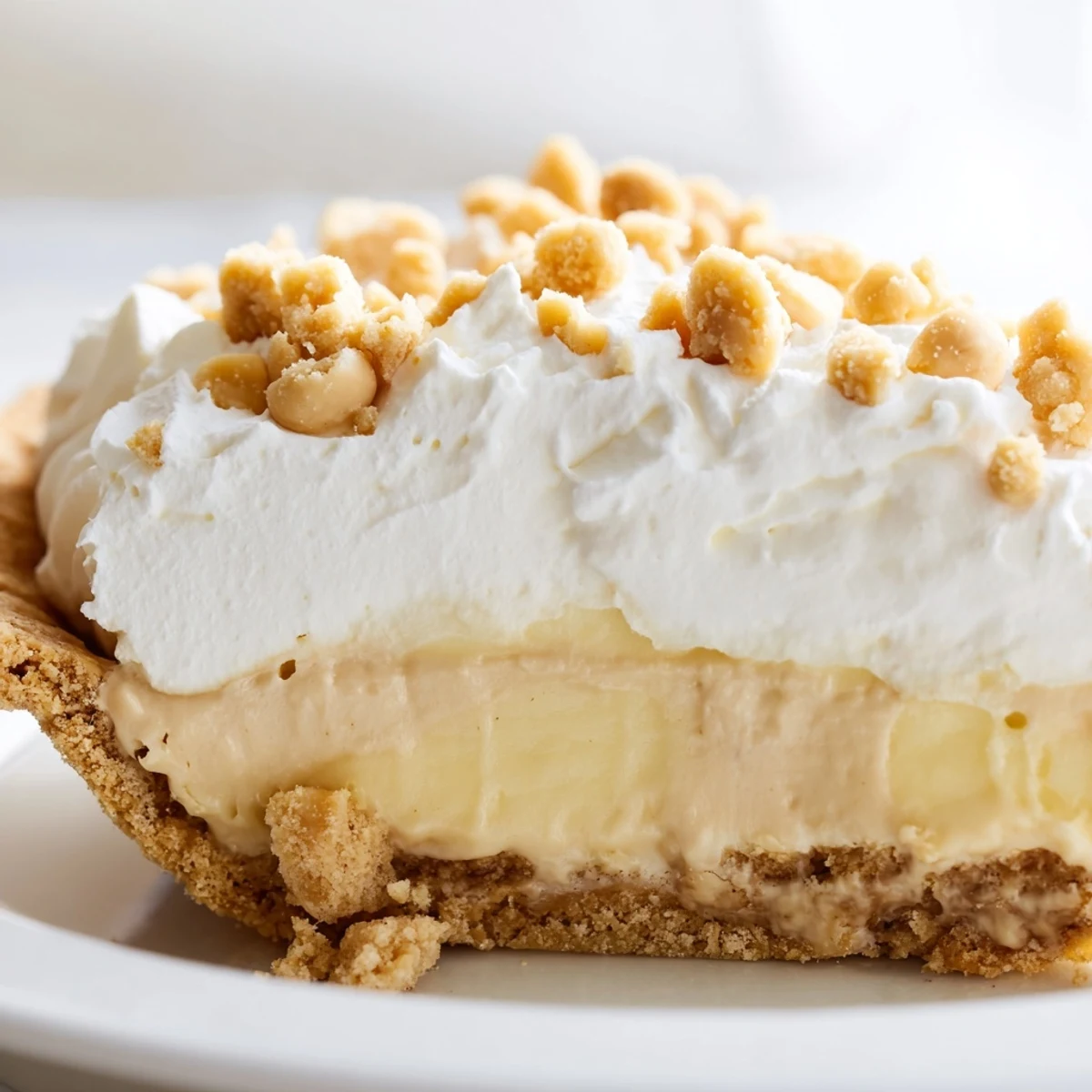 Creamy Old Fashioned Amish Peanut Butter Dream Pie topped with fluffy whipped cream and golden crumbs