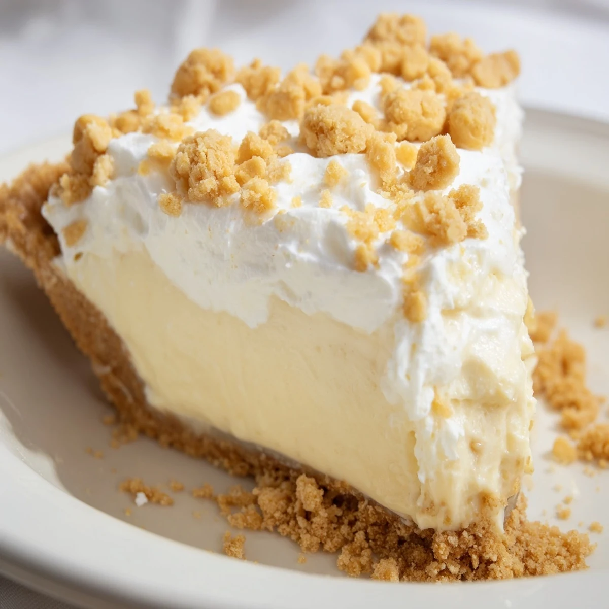 Velvety Old Fashioned Amish Peanut Butter Dream Pie slice showing rich custard filling in flaky crust