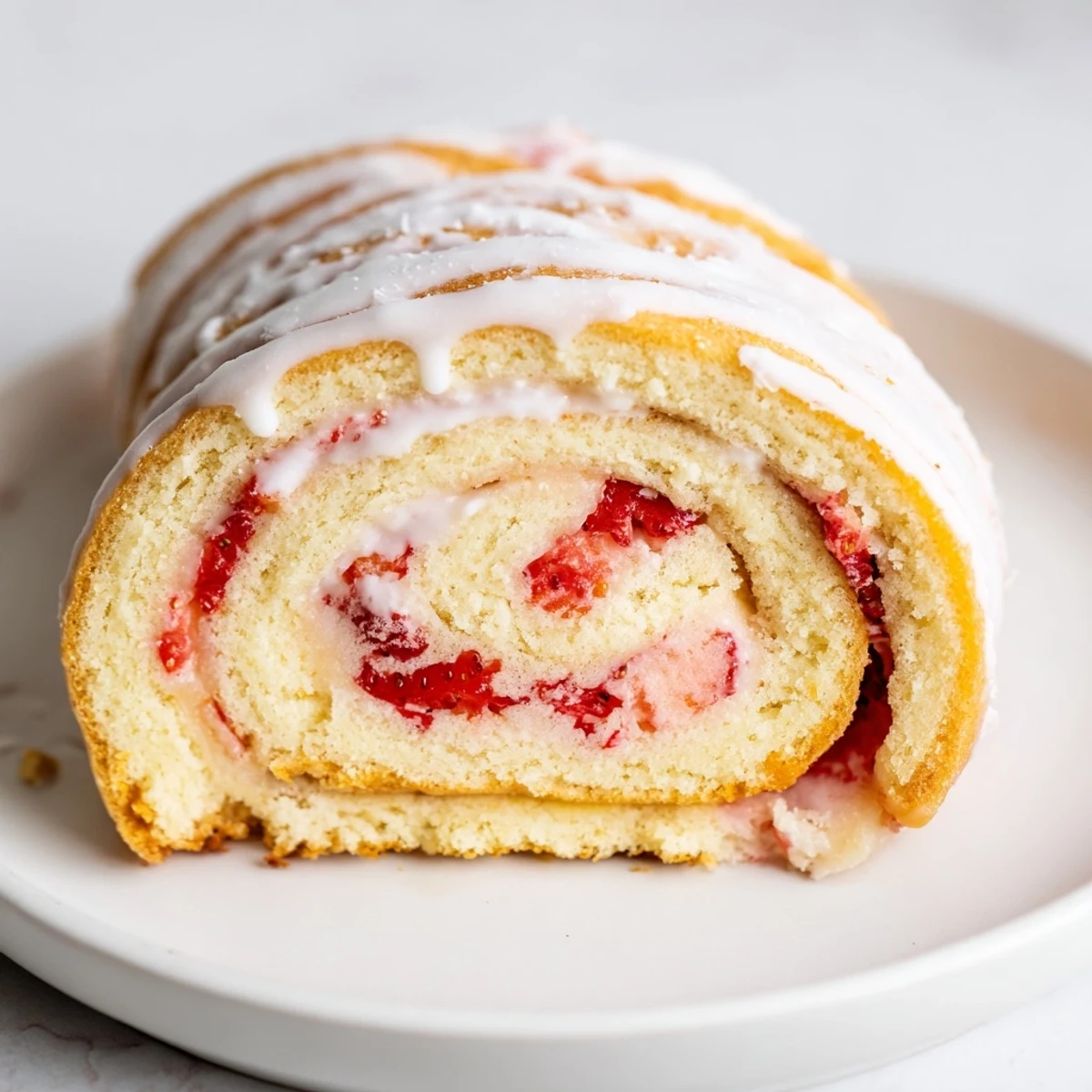 Golden Strawberry Shortcake Cheesecake Rolls drizzled with sweet vanilla glaze on a white plate