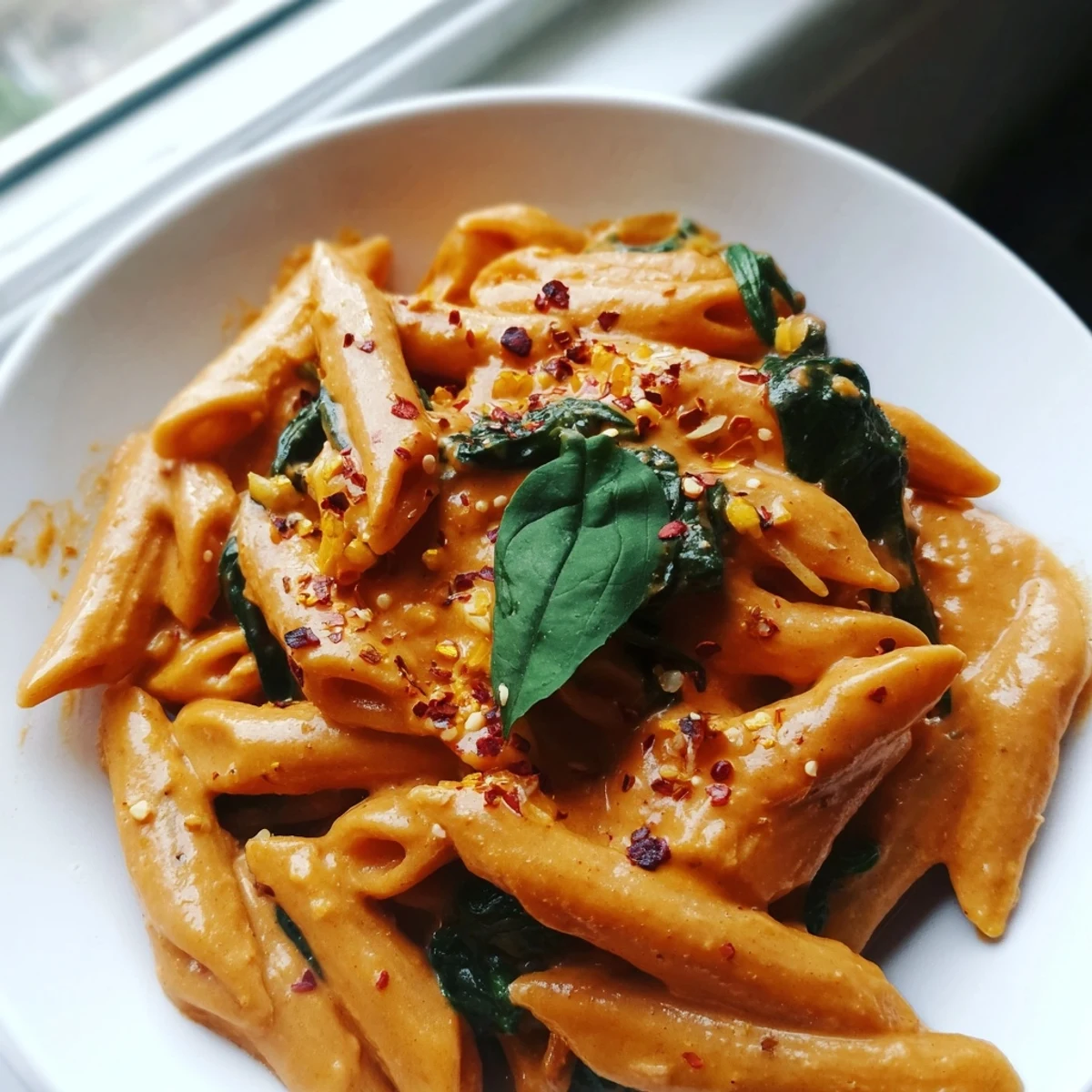 Creamy sun dried tomato vegan pasta in a smooth red sauce with fresh basil garnish