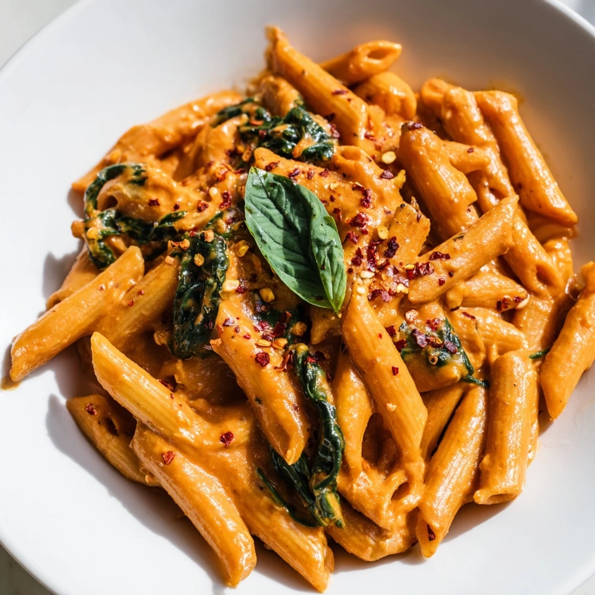 Twirled creamy sun dried tomato vegan pasta topped with wilted spinach and basil