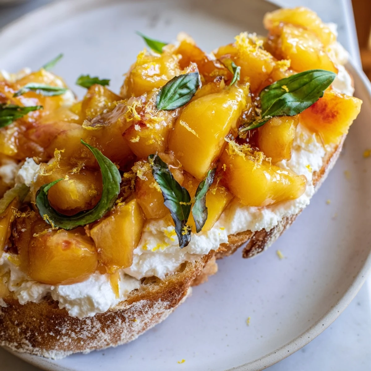 Golden toasted baguette slices topped with creamy ricotta and Sun Kissed Peach Bruschetta
