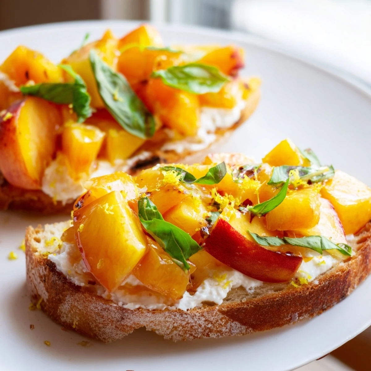 Fresh peach and basil mixture spooned over ricotta on crispy Sun Kissed Peach Bruschetta