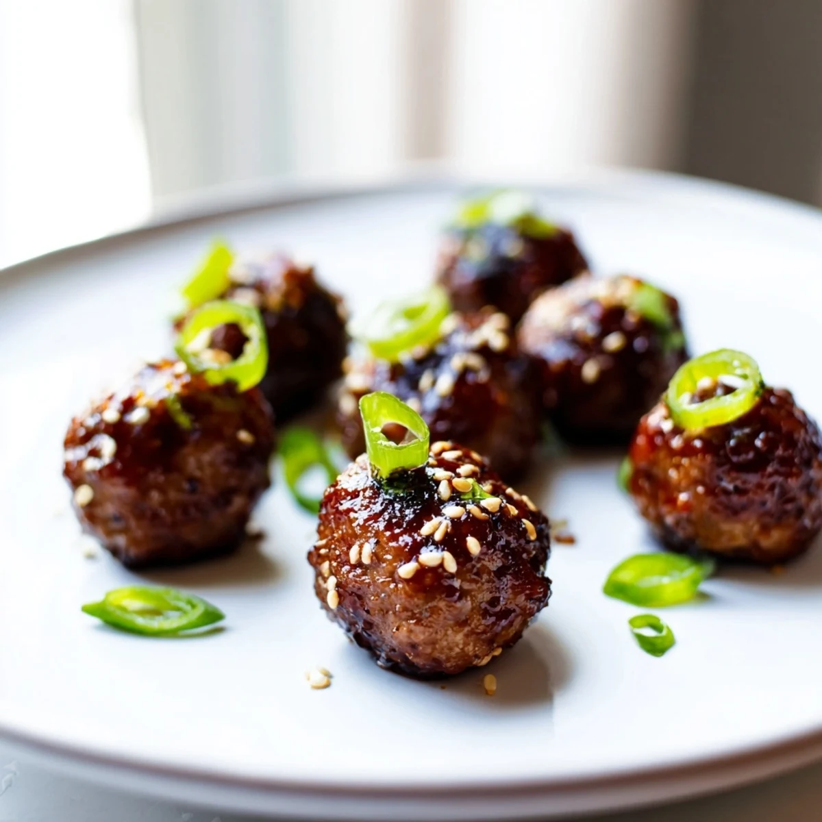 Korean BBQ meatballs with glossy glaze served alongside creamy spicy mayo dip