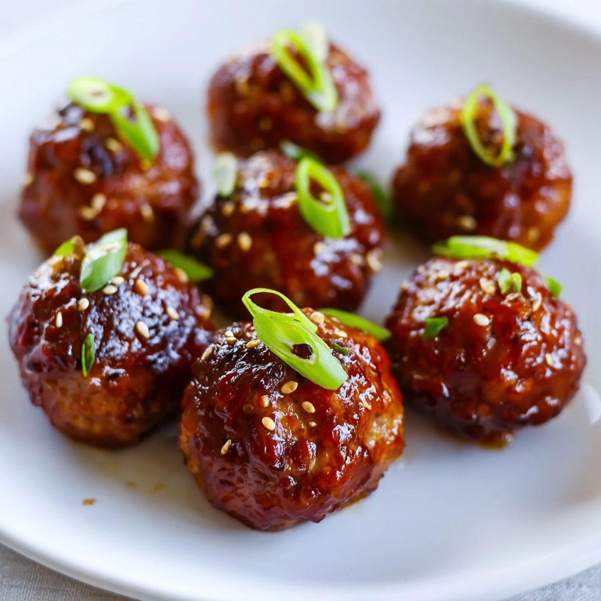 Golden brown Korean BBQ meatballs topped with sesame seeds and green onions