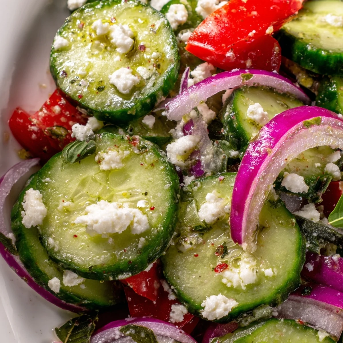 Crisp Italian cucumber salad with ripe tomatoes and red onions in zesty herb dressing