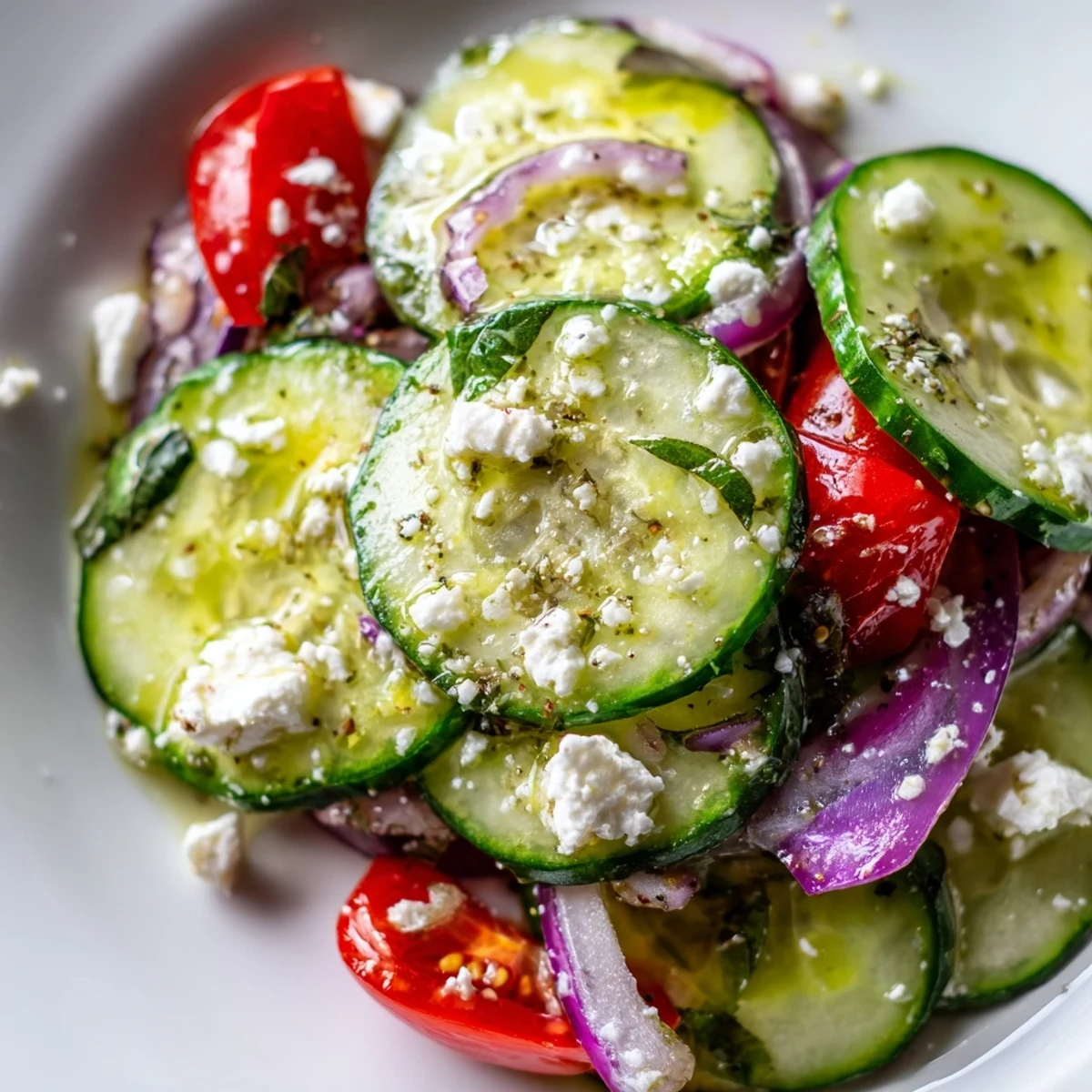 Fresh Italian cucumber salad tossed with basil and tangy vinaigrette in white bowl