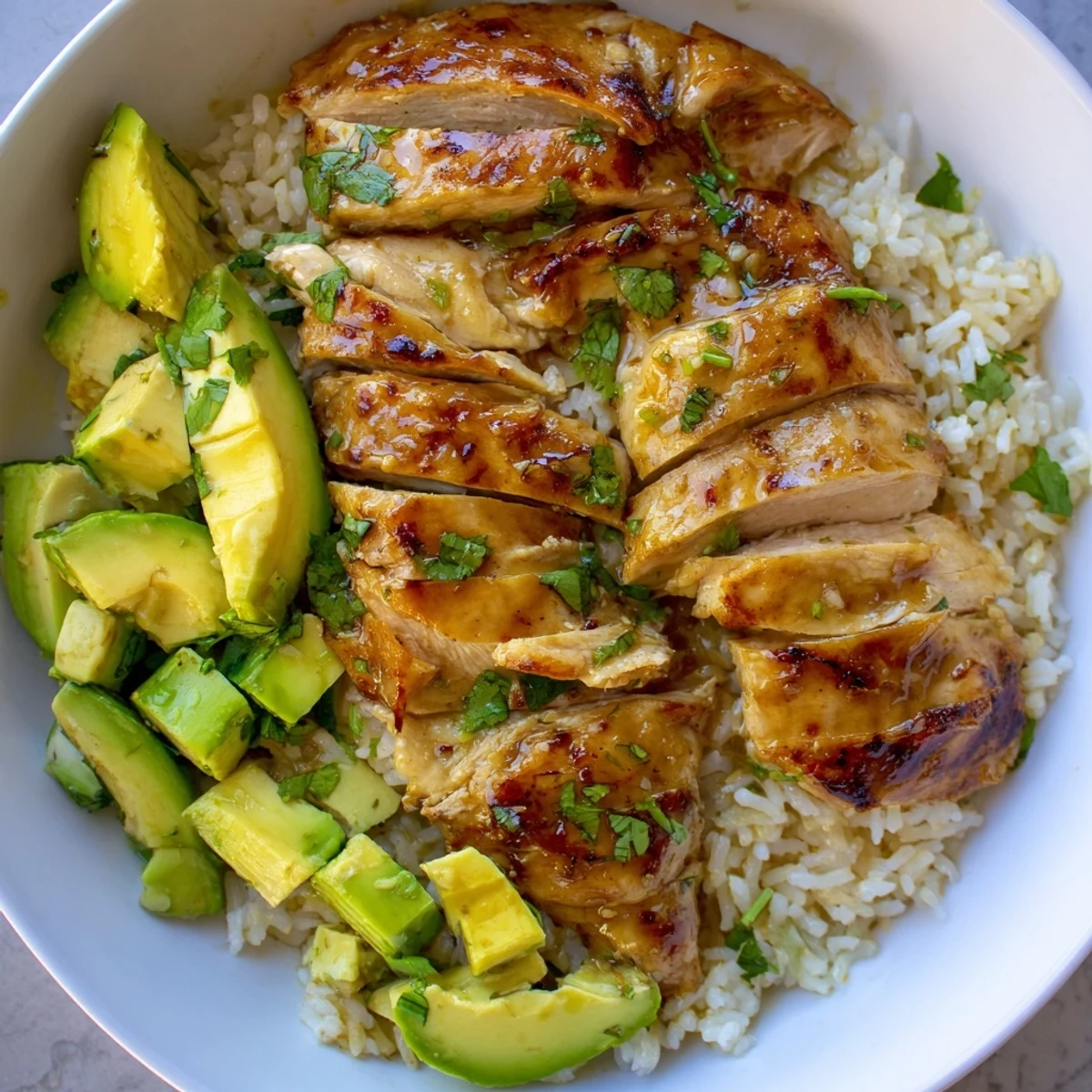 Golden seared honey lime chicken sliced over creamy avocado rice with fresh cilantro