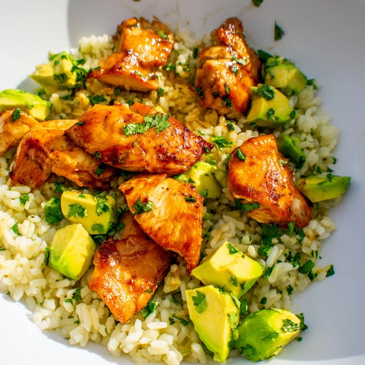 Juicy honey lime chicken resting on a bed of vibrant green avocado rice