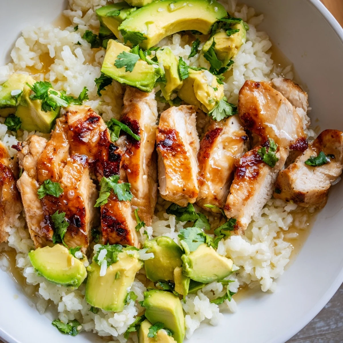 Honey lime chicken with avocado rice garnished with lime wedges and green onions
