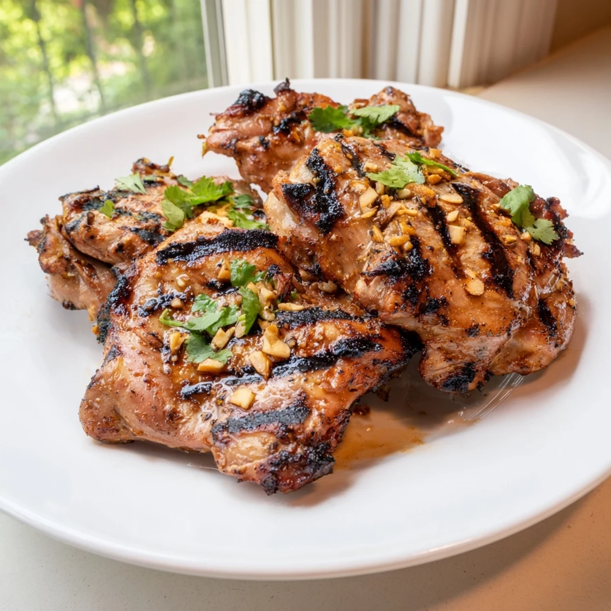 Golden grilled Vietnamese chicken with charred edges and fresh cilantro on a white plate