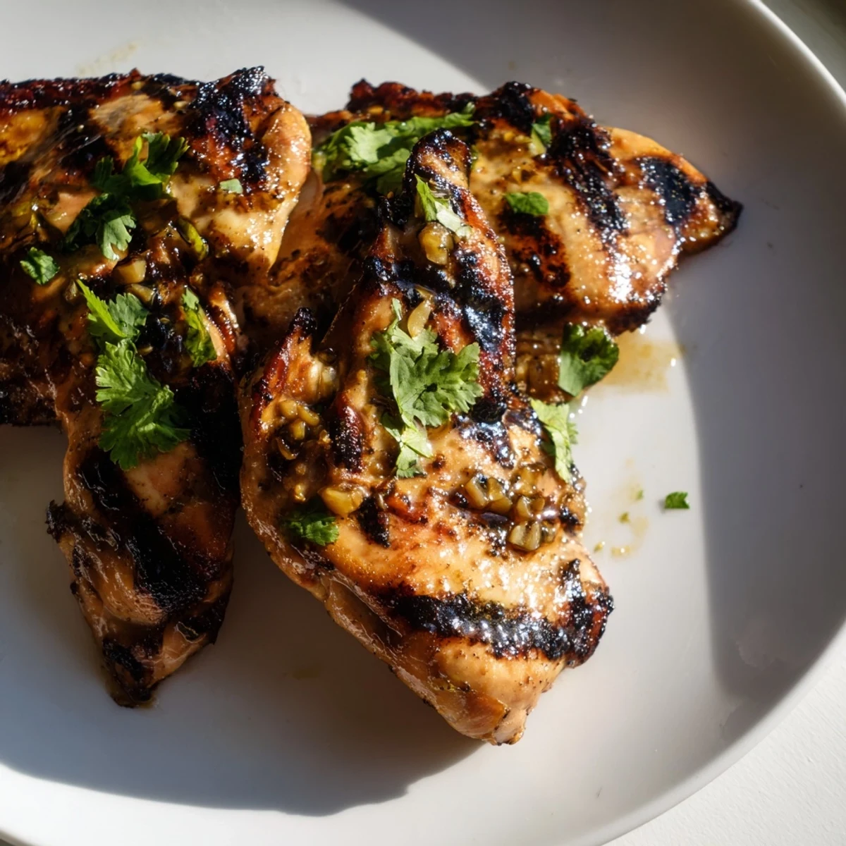 Perfectly charred grilled Vietnamese chicken thighs glazed in lemongrass marinade resting on a platter