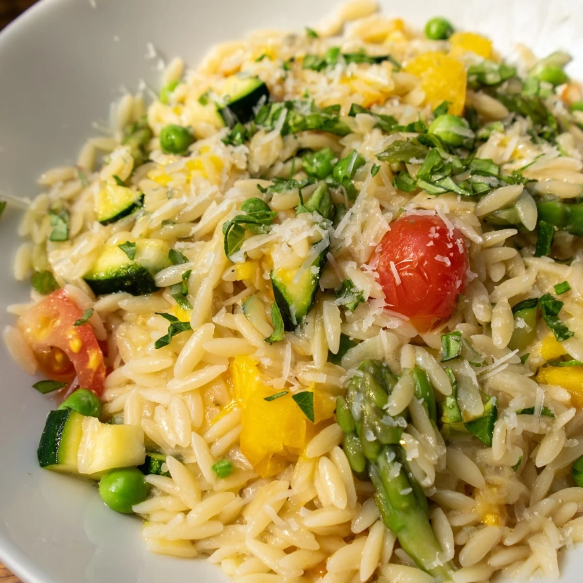 Orzo Primavera in a white bowl with colorful vegetables and fresh herbs