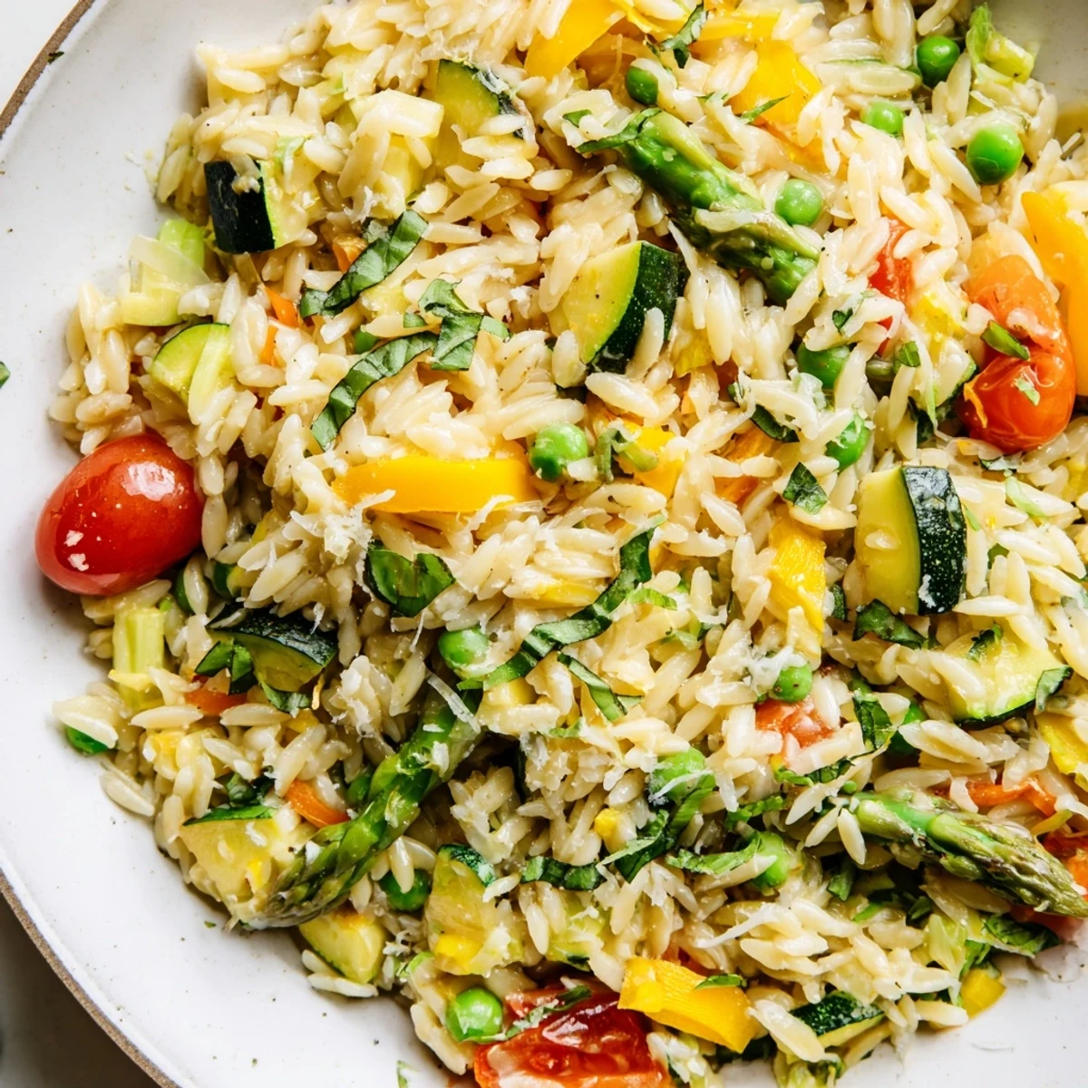 Creamy Orzo Primavera studded with bright green peas, zucchini, and cherry tomatoes