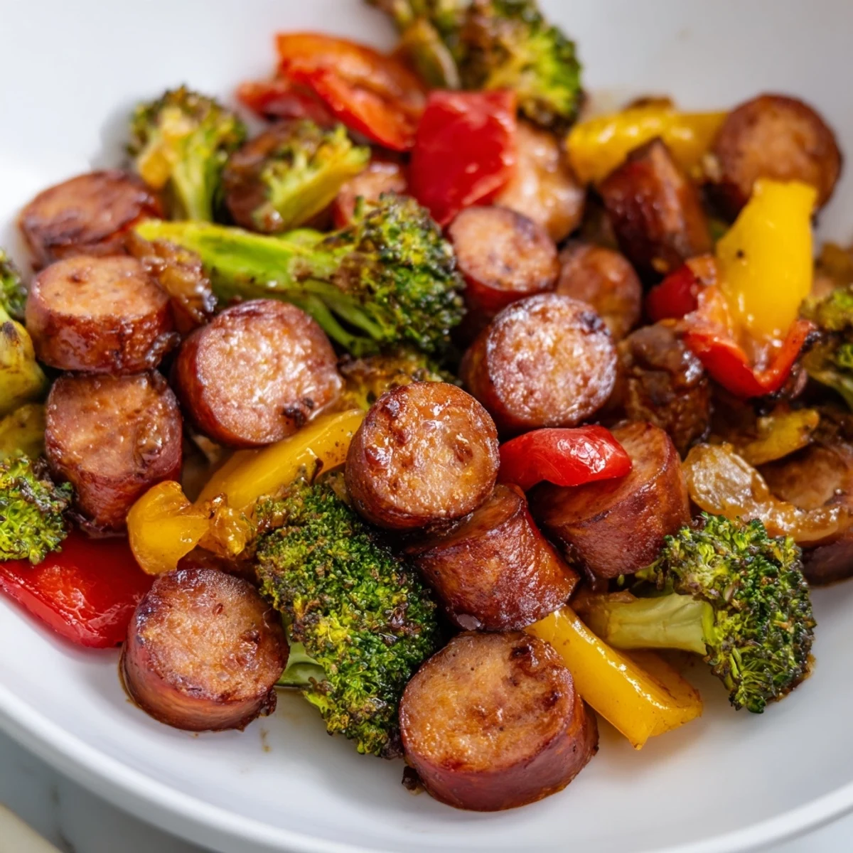 One Pan Honey Garlic Kielbasa Veggies with caramelized broccoli and colorful roasted peppers