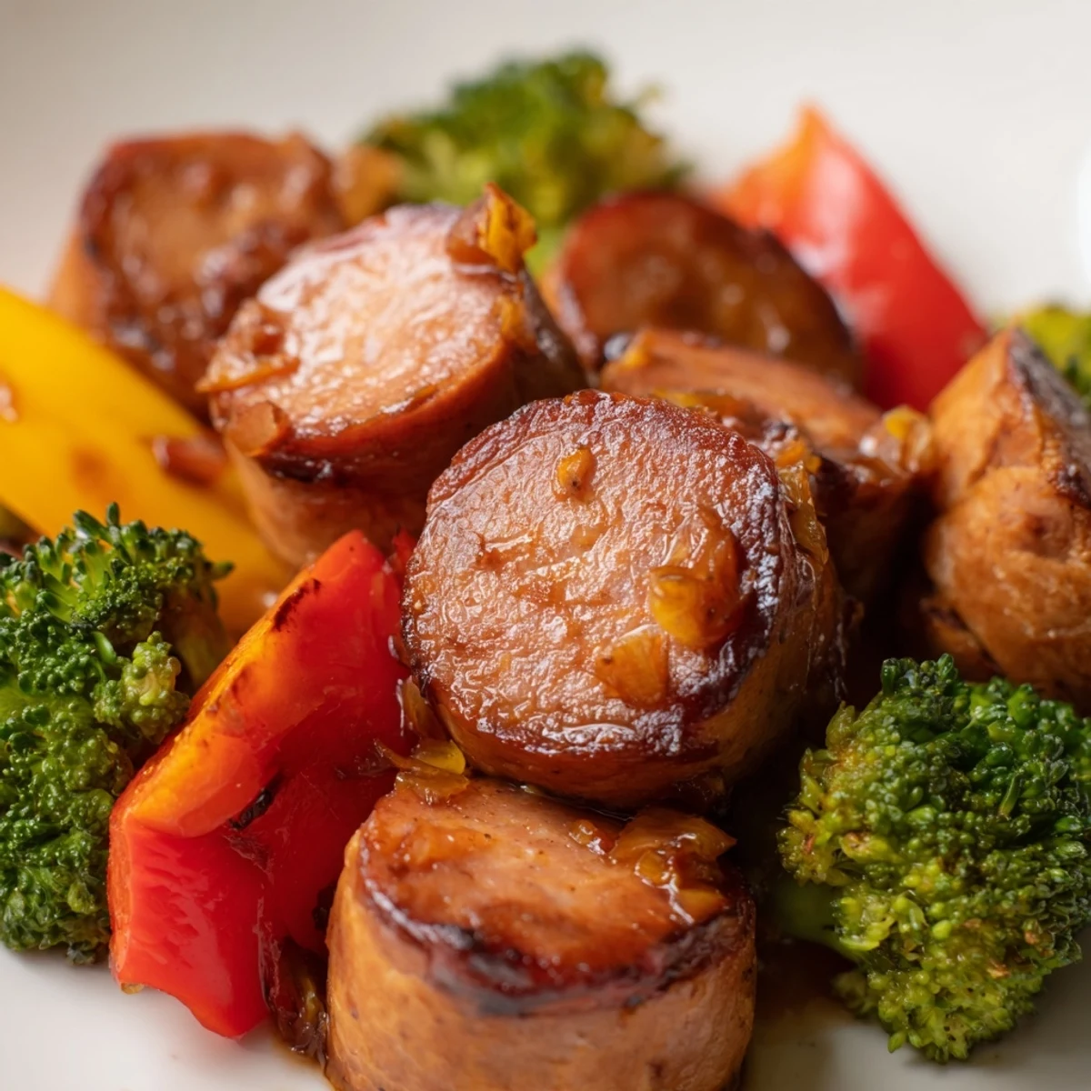 Golden honey garlic glazed kielbasa rounds nestled among vibrant oven roasted vegetables on parchment