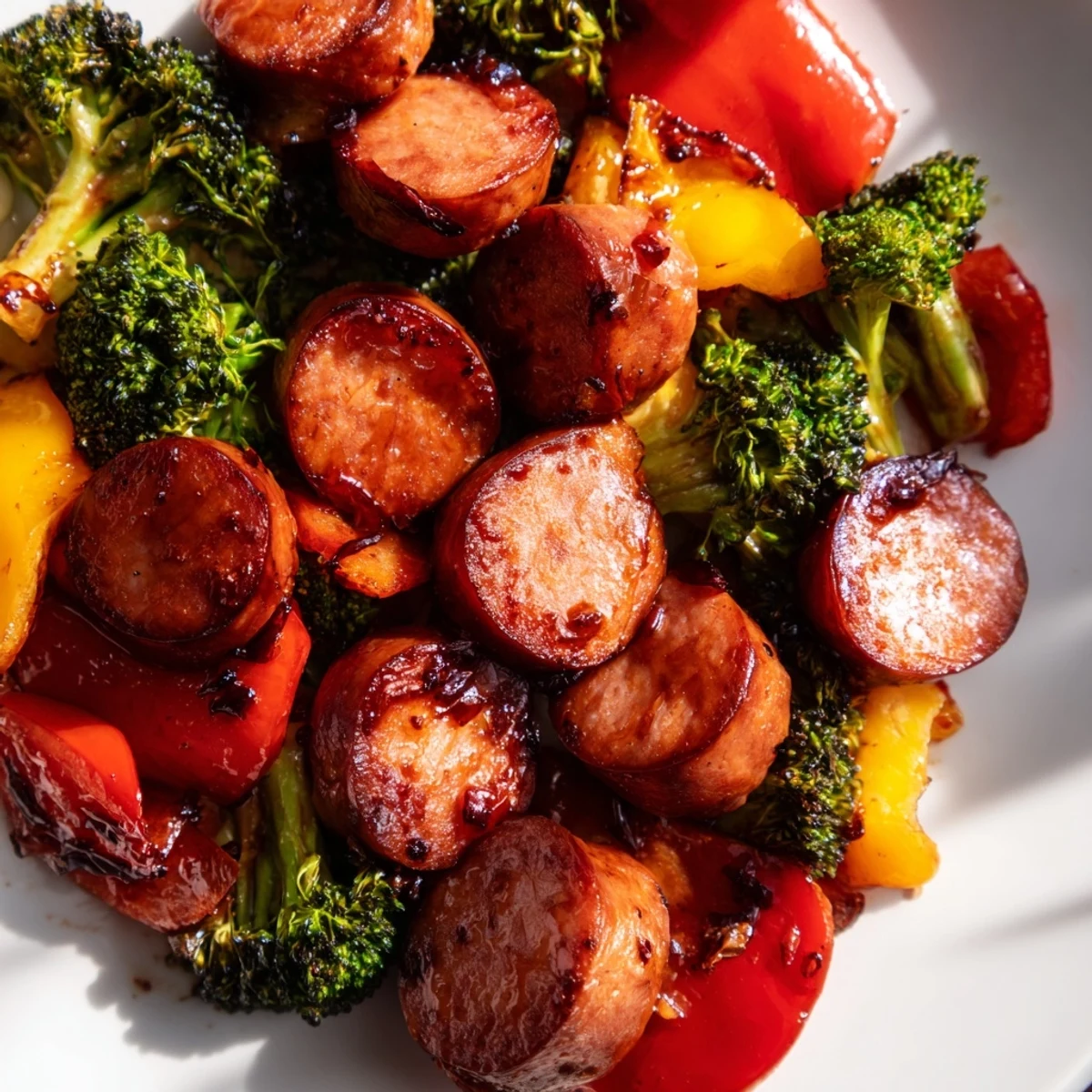 Honey garlic kielbasa sausage glistening atop tender roasted carrots and smoky sheet pan veggies