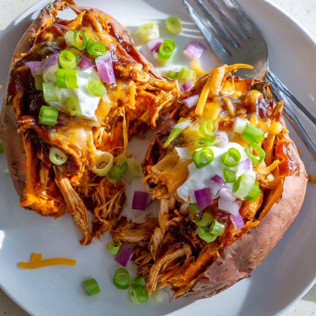 Tender roasted sweet potato topped with smoky BBQ chicken and melted cheddar cheese garnished with green onions