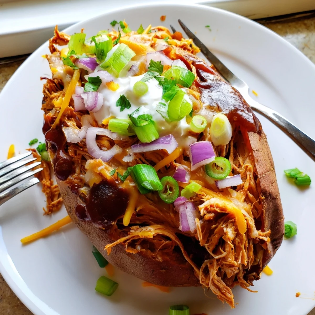 BBQ chicken stuffed sweet potatoes with gooey melted cheese and fresh toppings on a white serving plate