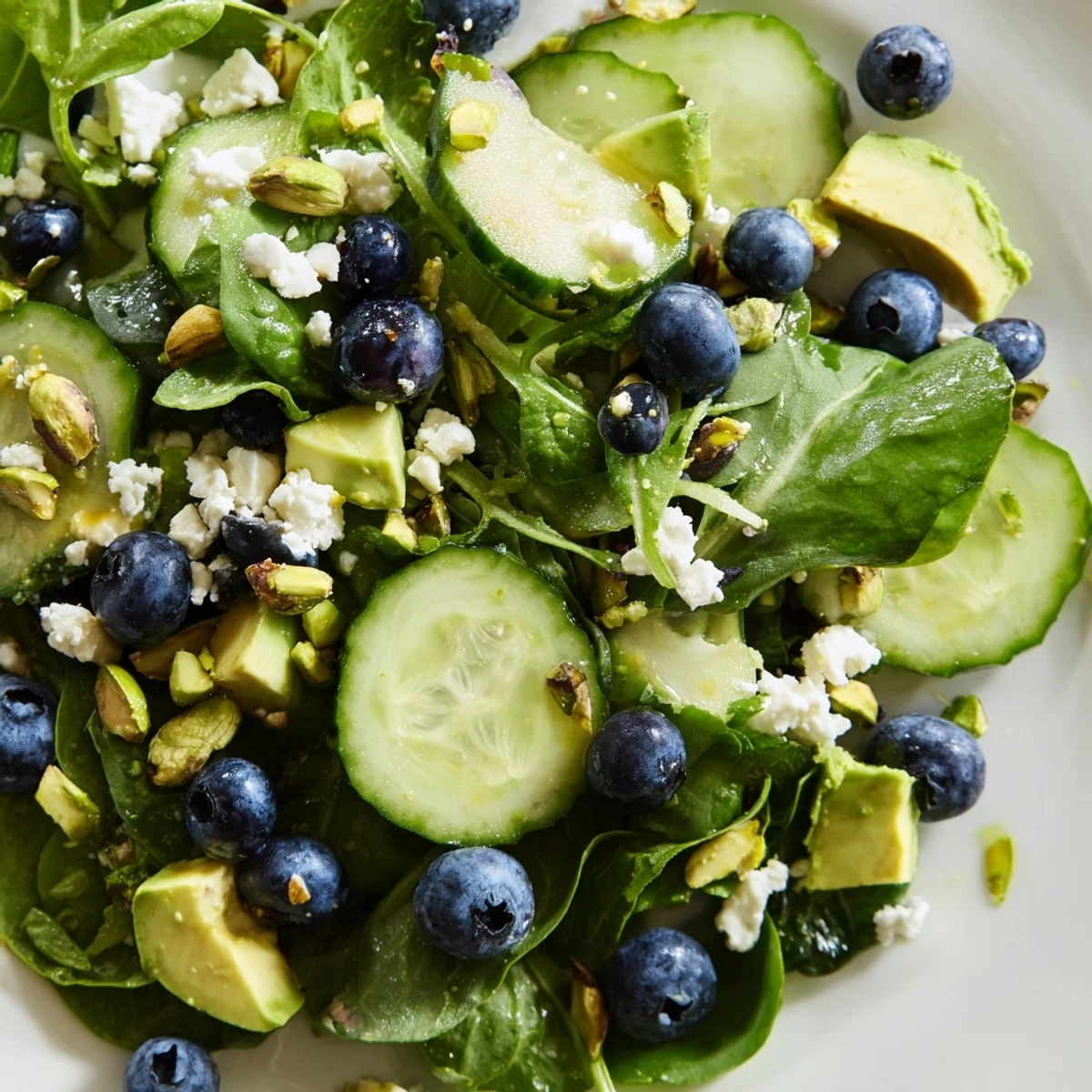 Blueberry Pistachio Spring Salad topped with crumbled feta and lemon dressing