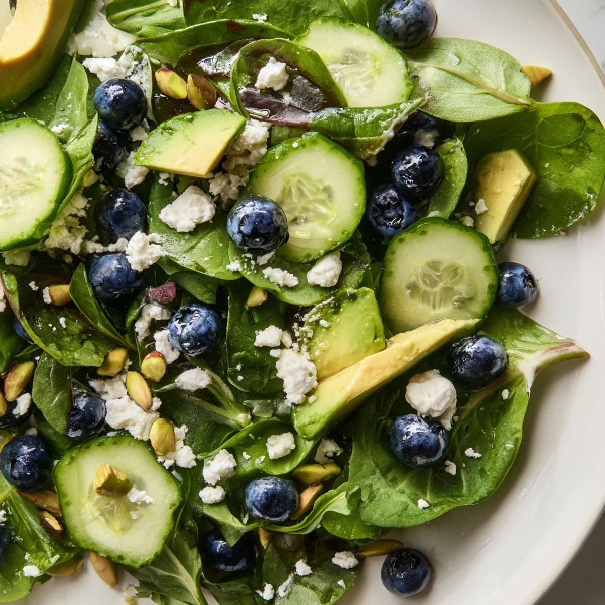 A colorful Blueberry Pistachio Spring Salad with avocado and fresh spring greens