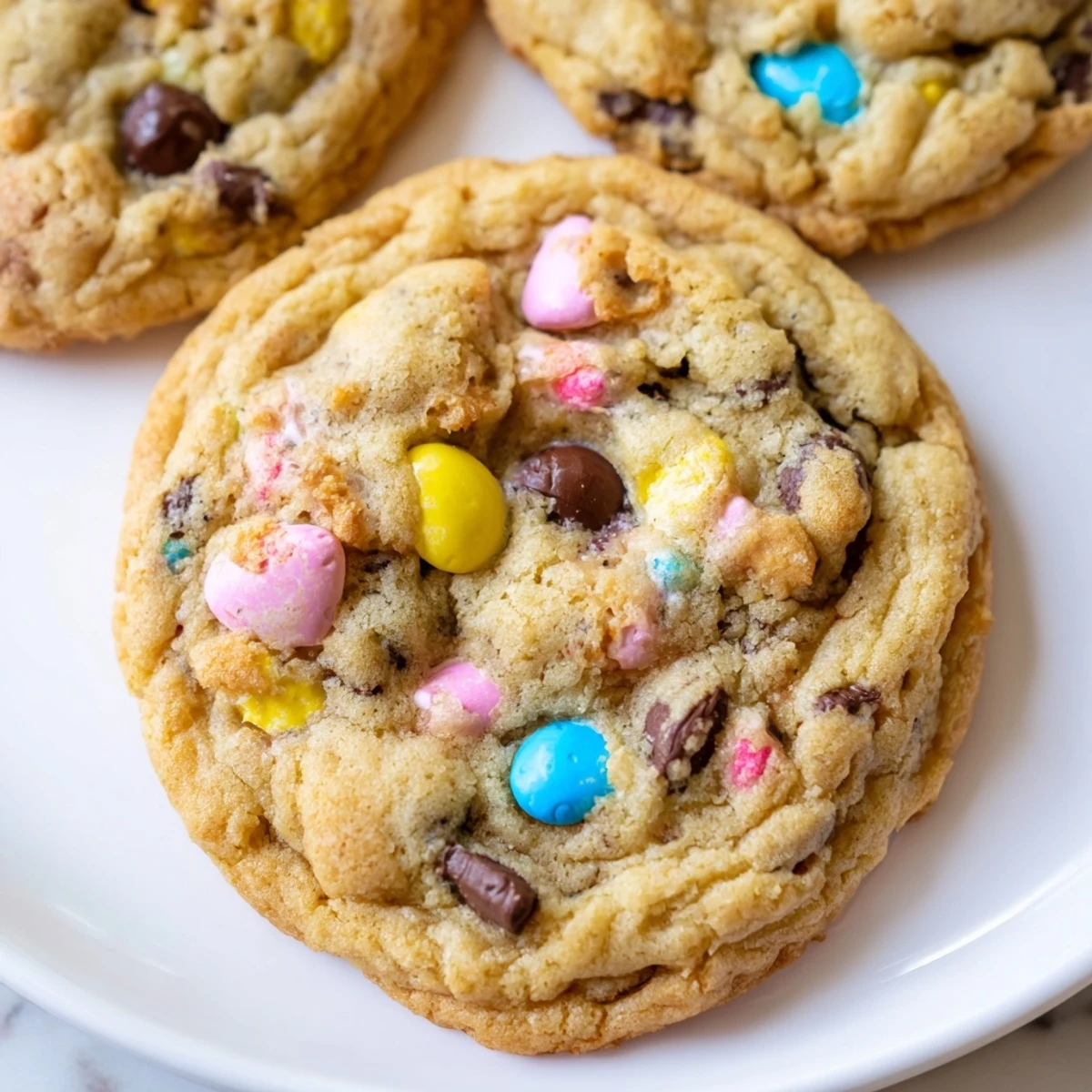 Soft Cadbury Egg Cookies with colorful candy pieces and melted chocolate chips on rustic baking sheet
