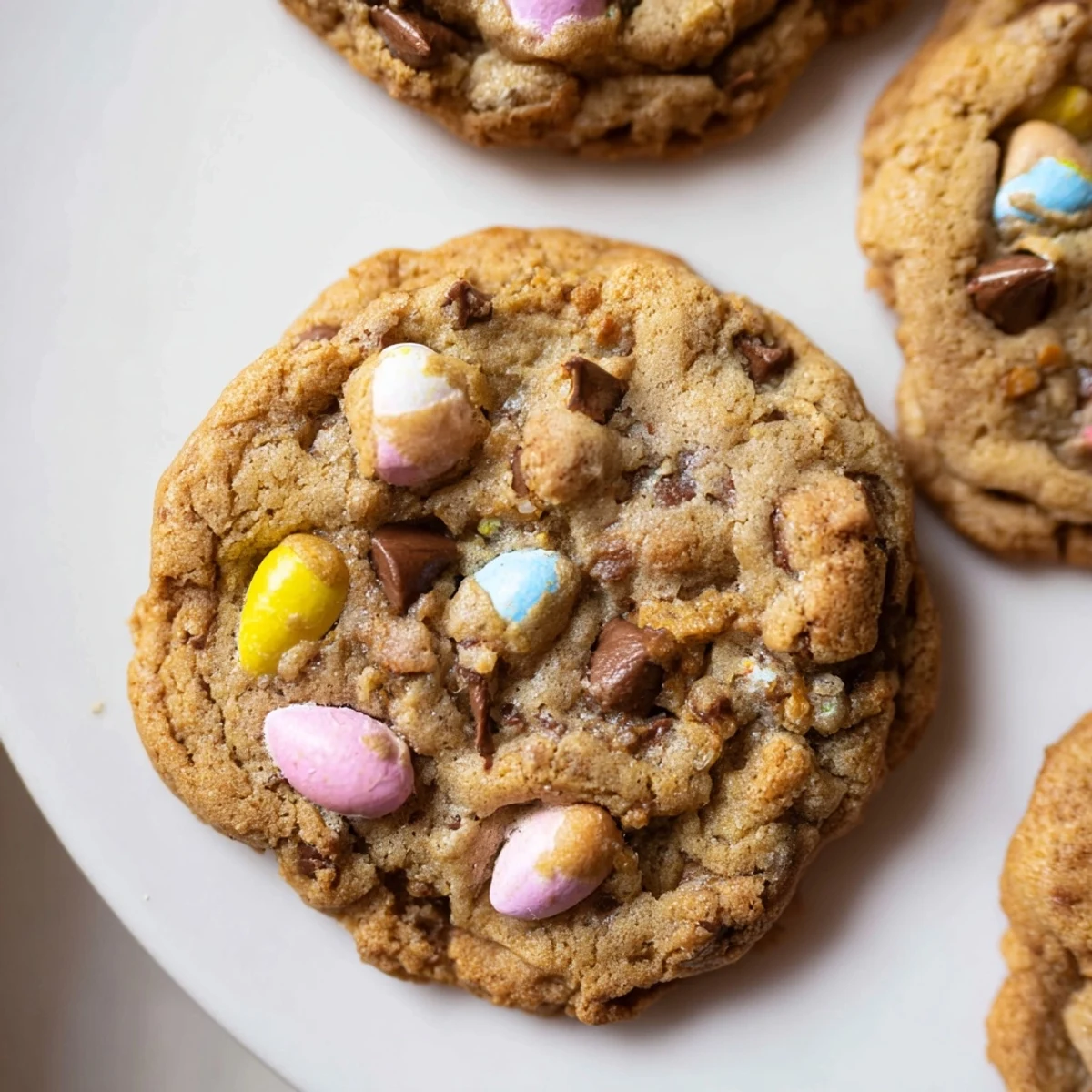 Chewy Cadbury Egg Cookies topped with pastel chocolate eggs fresh from the oven