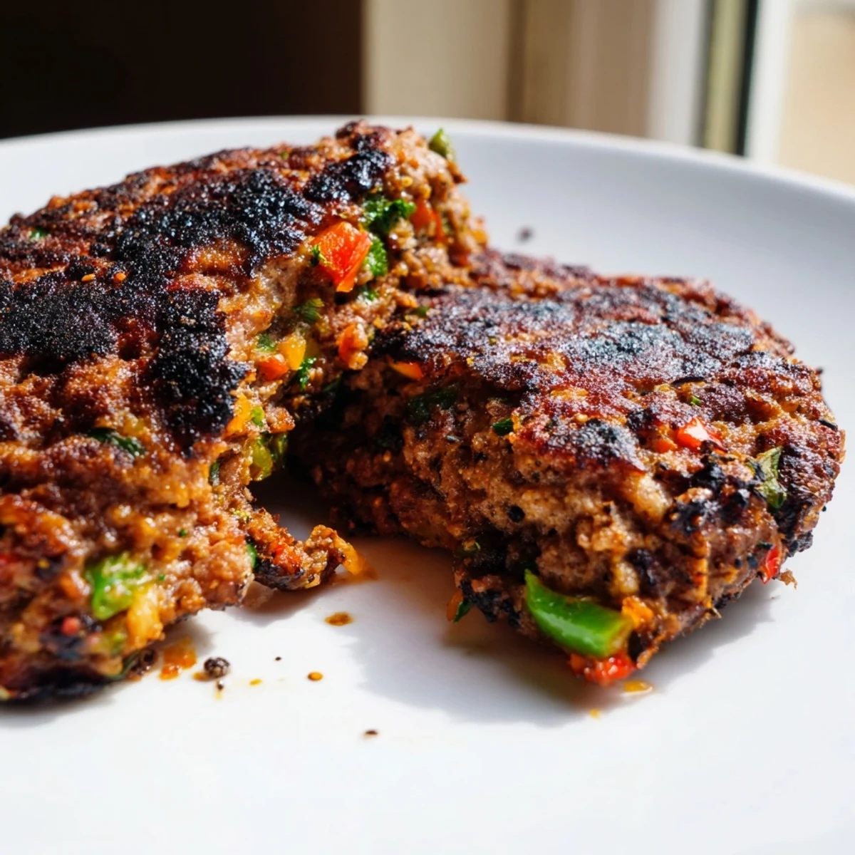 Spicy juicy Pakistani Chapli Kabab resting on paper towels with charred crisp edges and vibrant garnish