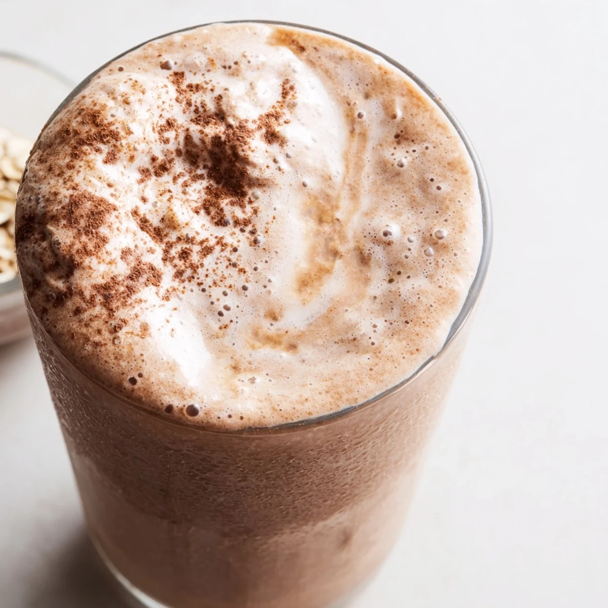Frosty coffee smoothie poured into a glass, topped with a banana slice and cocoa dust.