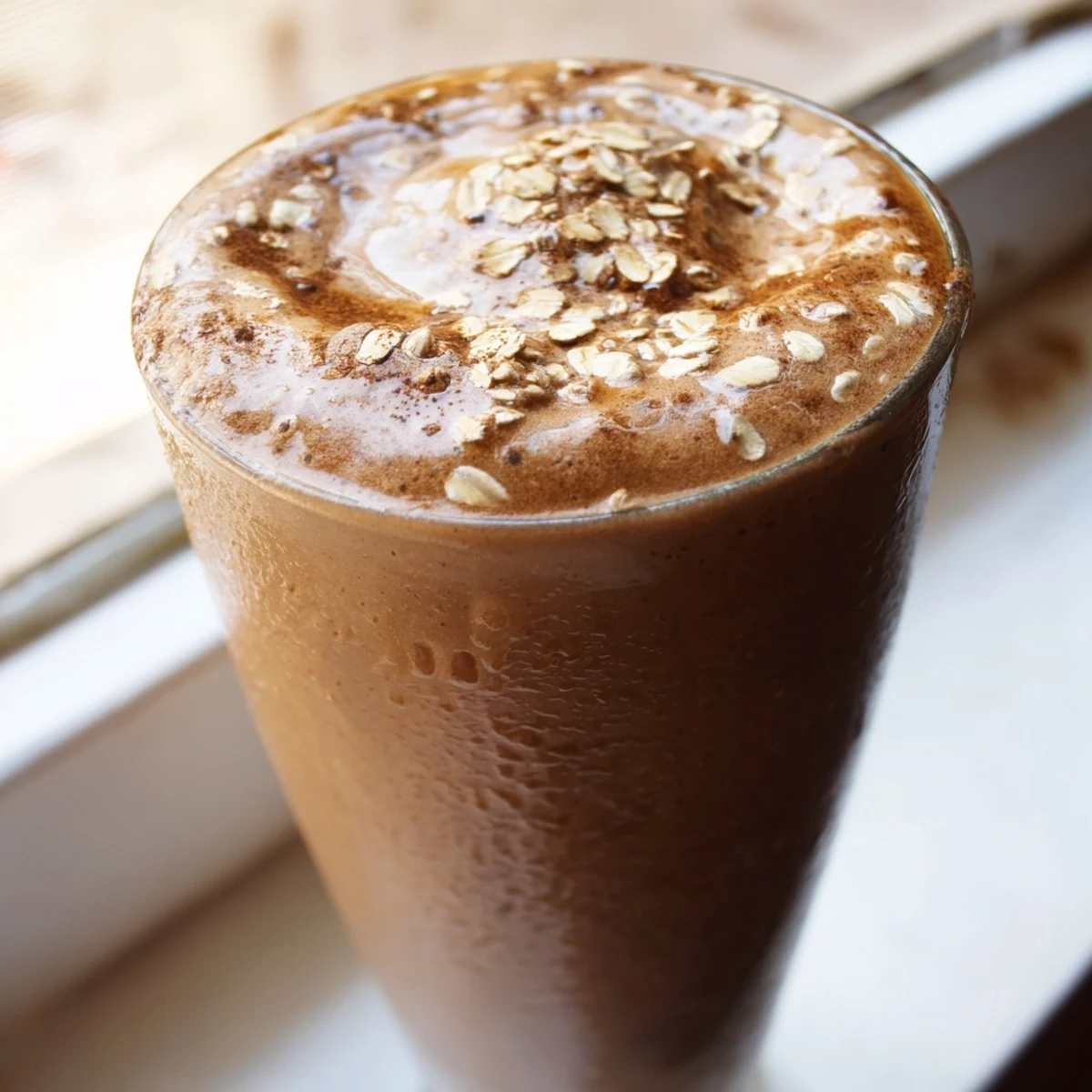 Creamy coffee smoothie blended with ripe banana and vanilla, served chilled in two tall glasses.