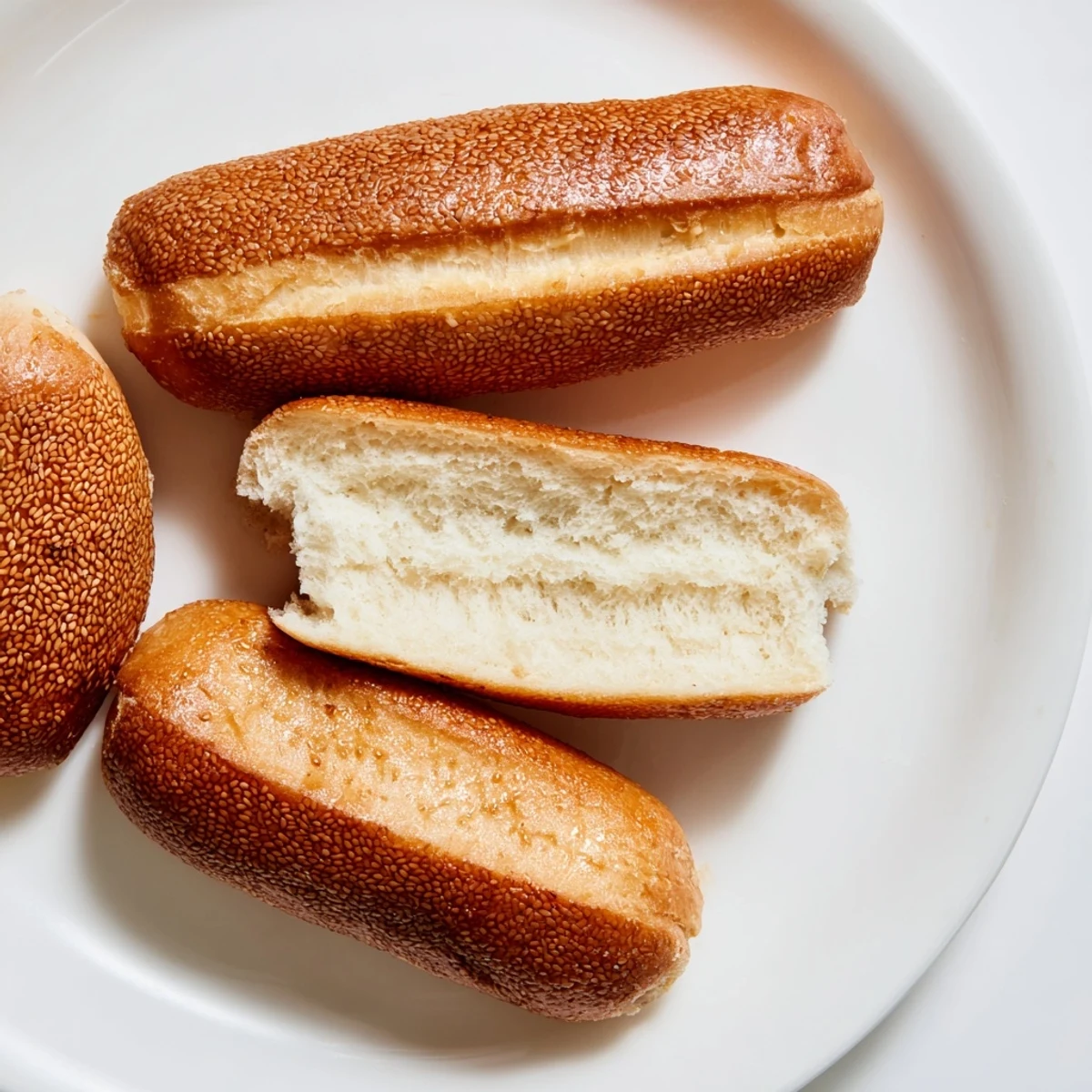 Golden sourdough discard hot dog buns brushed with butter and sprinkled with sesame seeds