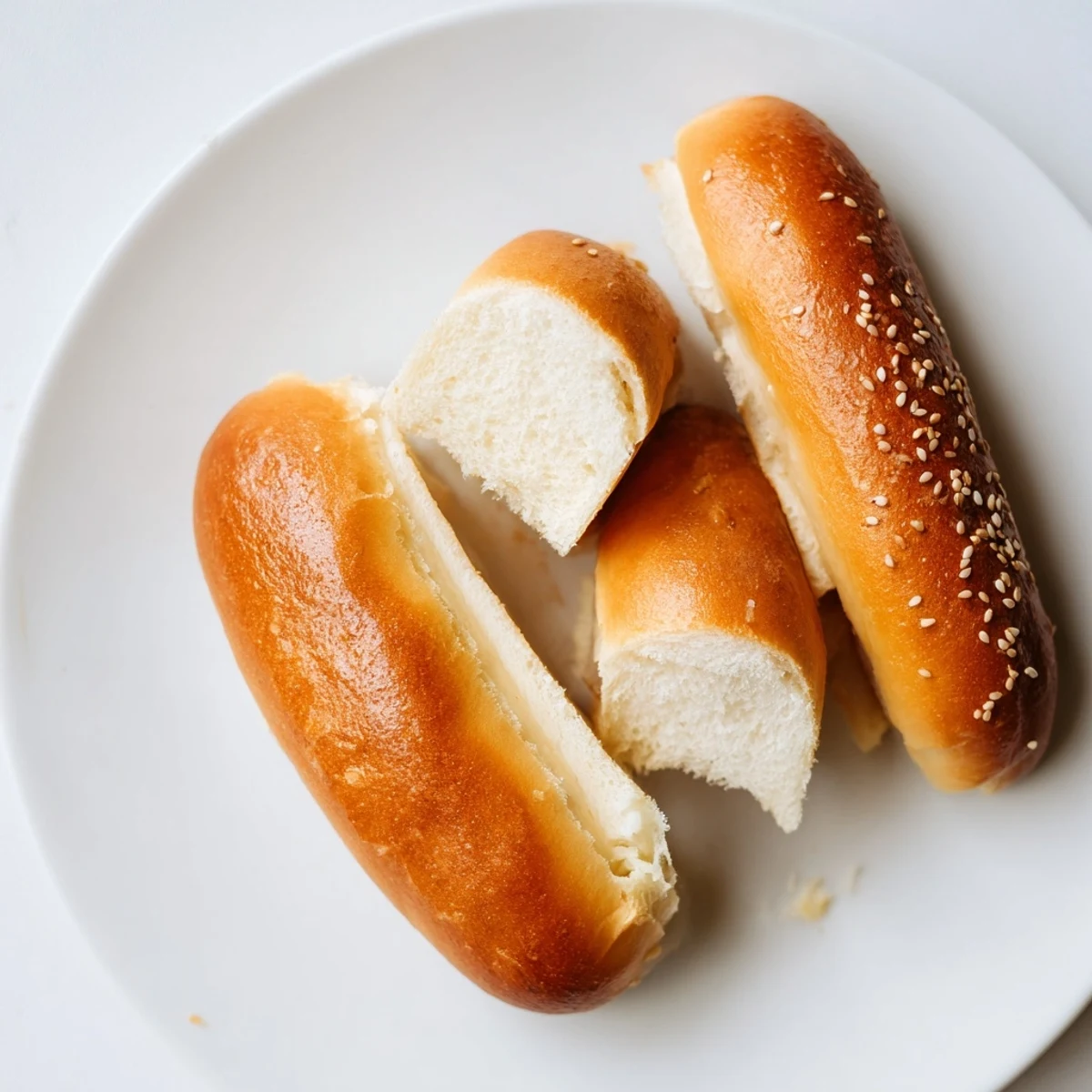 Fluffy sourdough discard hot dog buns arranged on a wooden board beside grilled sausages