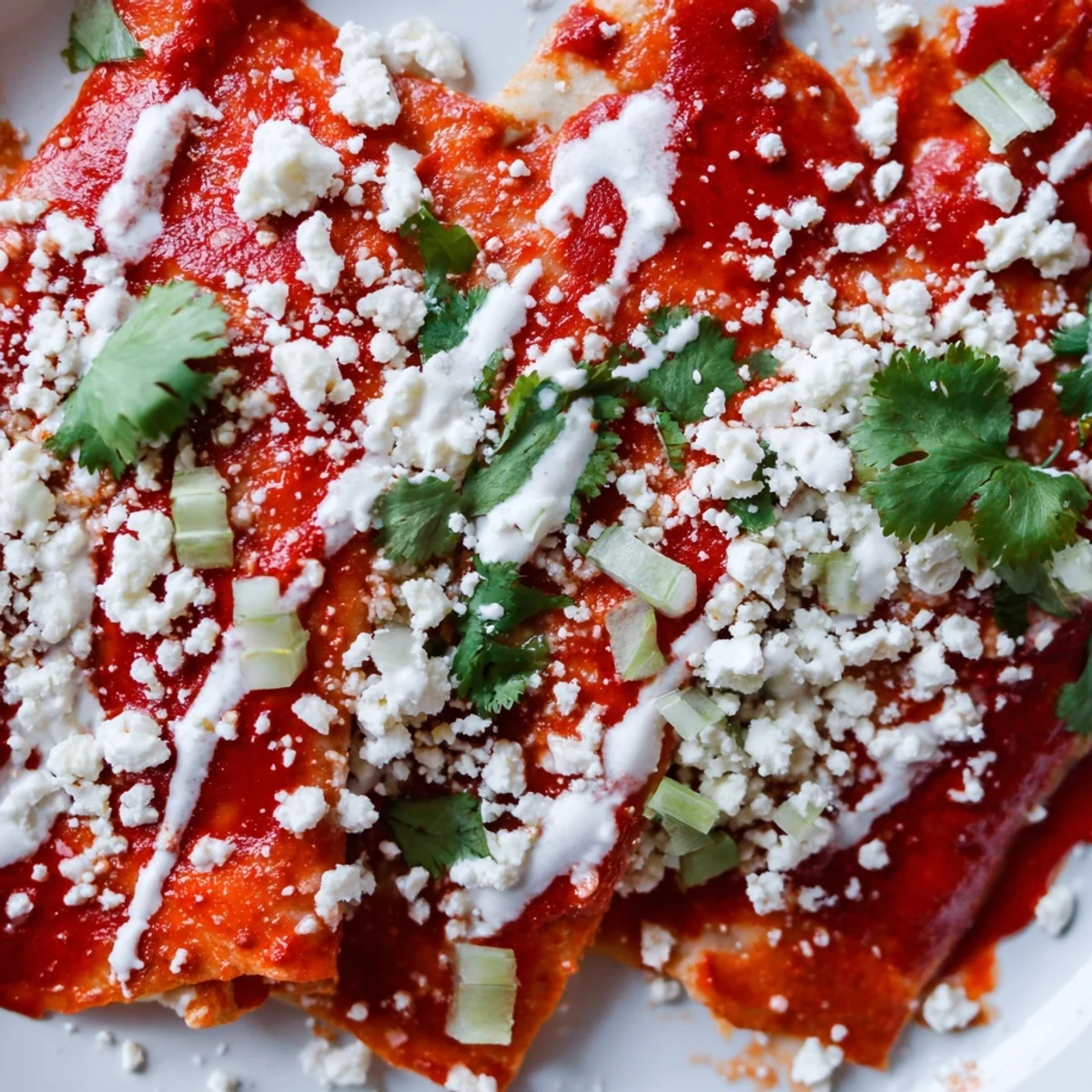 Entomatadas draped in rich red tomato sauce topped with crumbled queso fresco and fresh cilantro